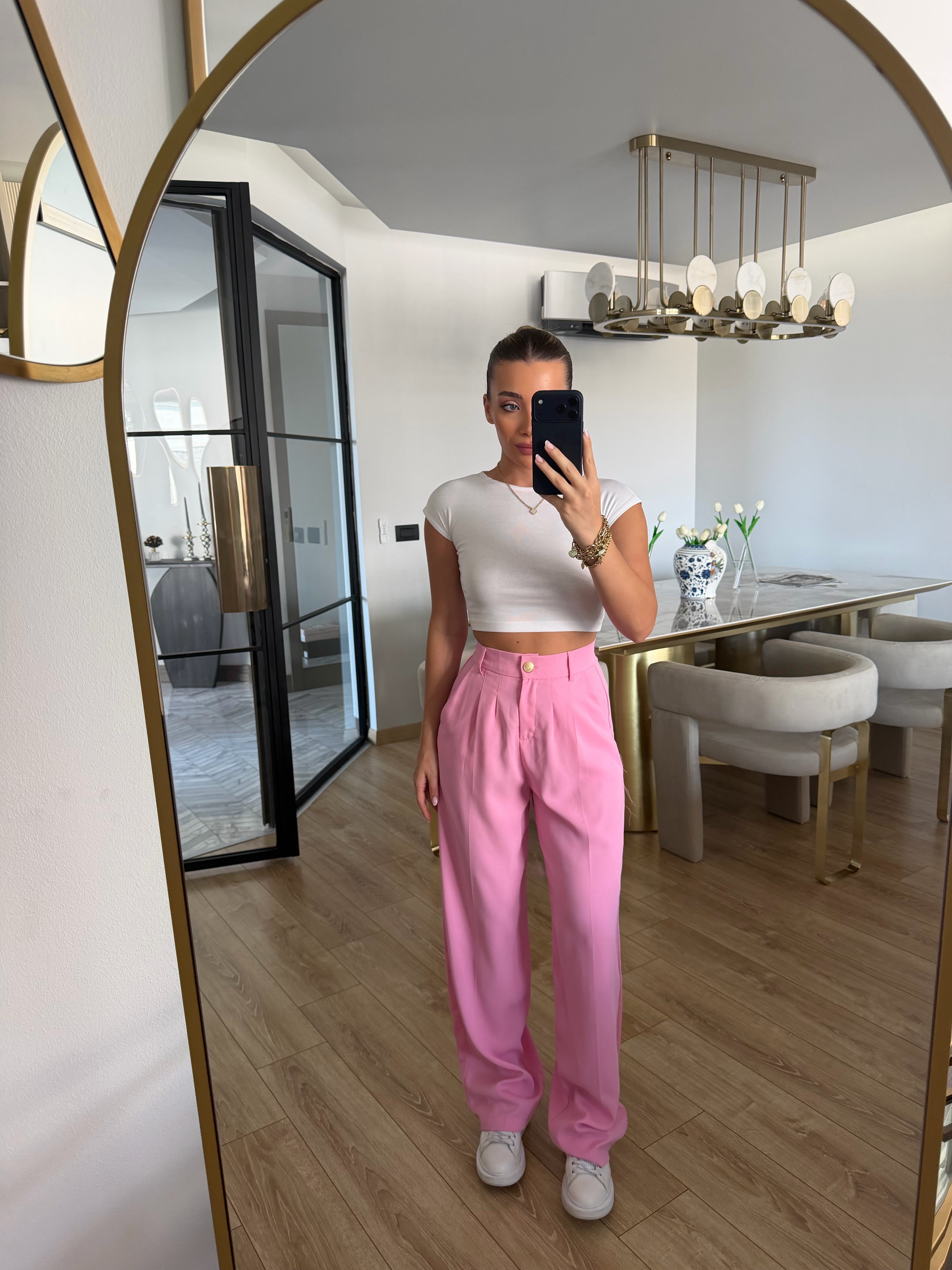 Pembe Gold Düğmeli Pileli Palazzo Pantolon - 51078