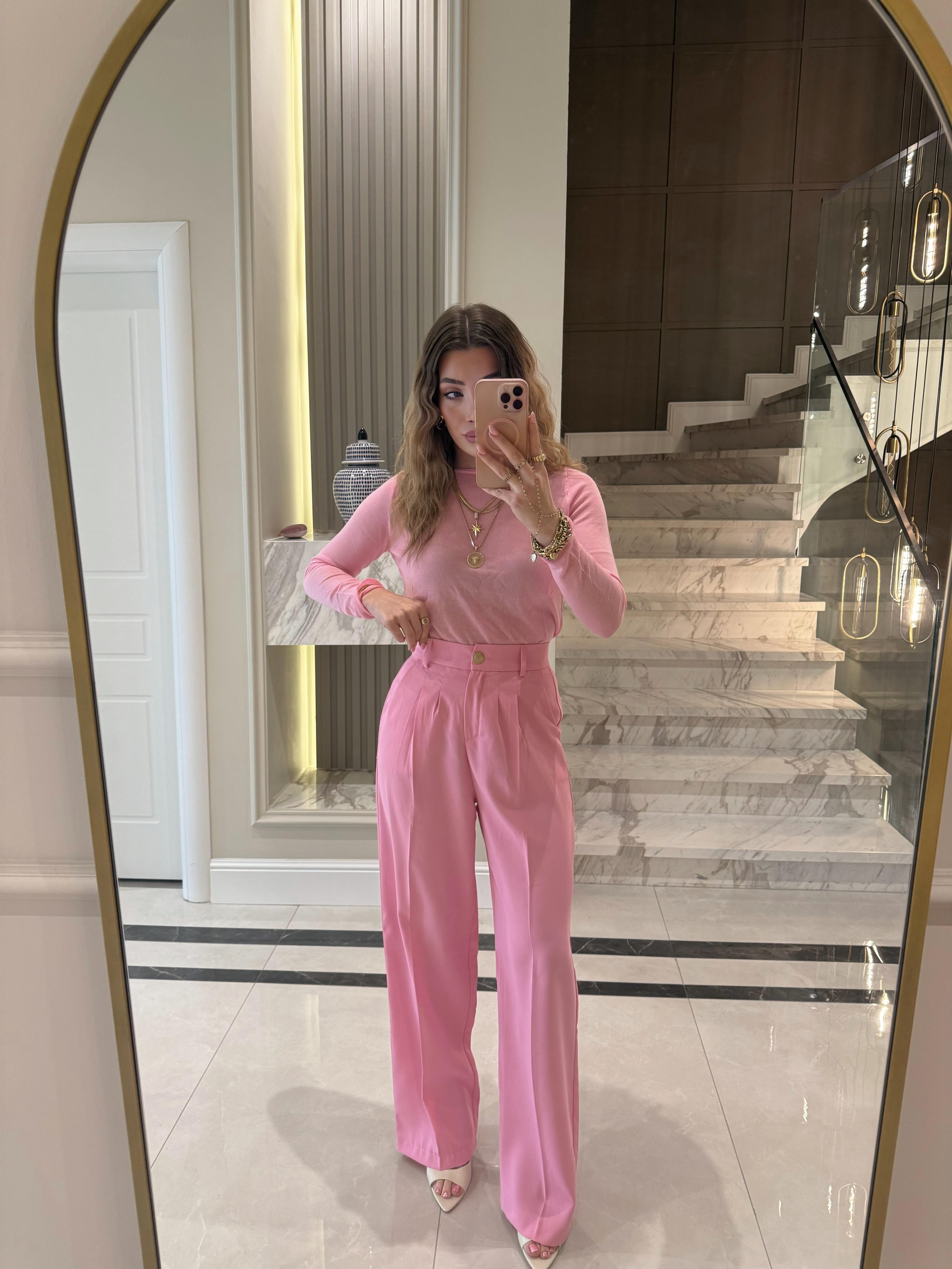 Pembe Gold Düğmeli Pileli Palazzo Pantolon