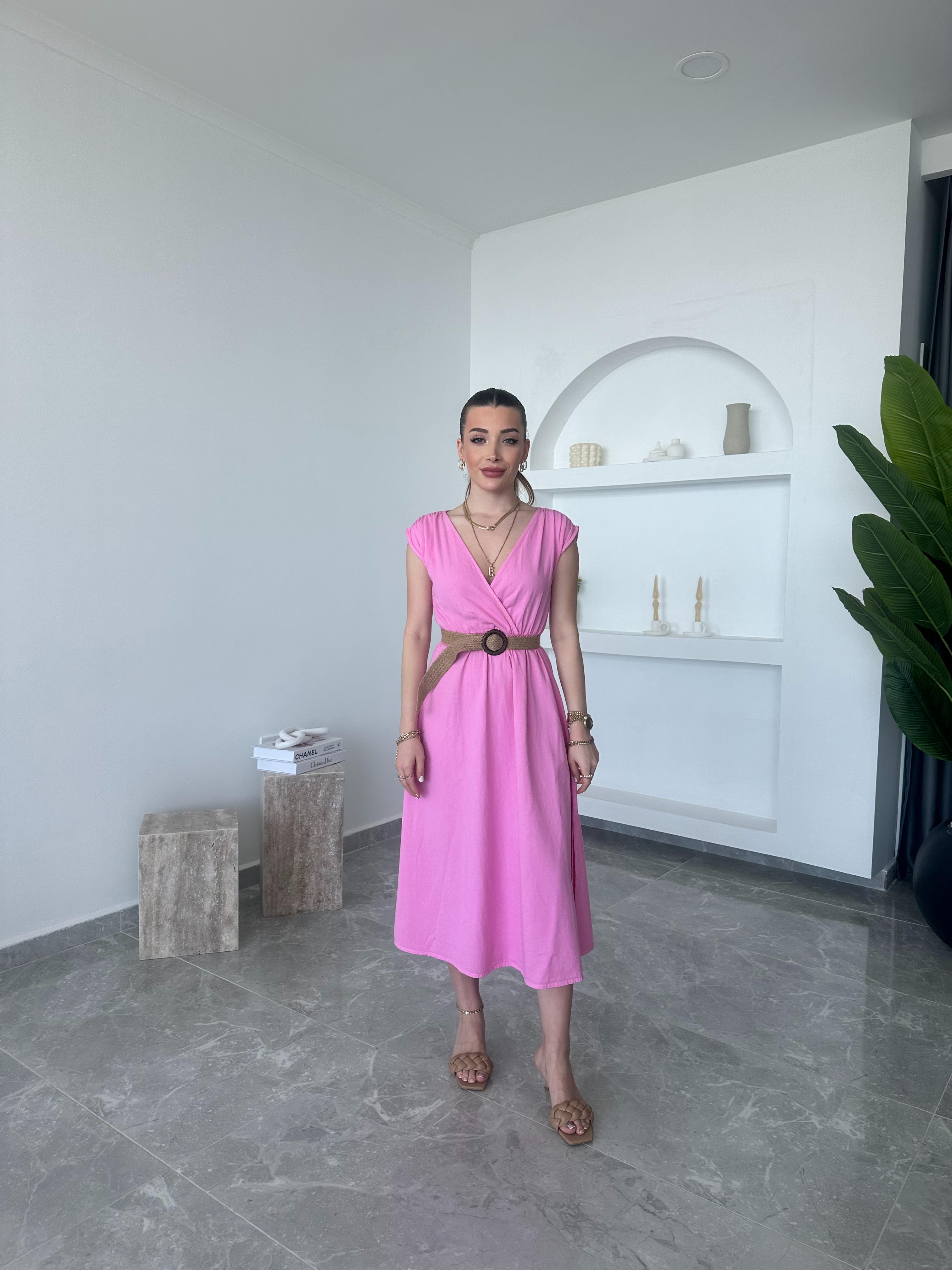 Pembe Hasır Kemerli Kruvaze Elbise