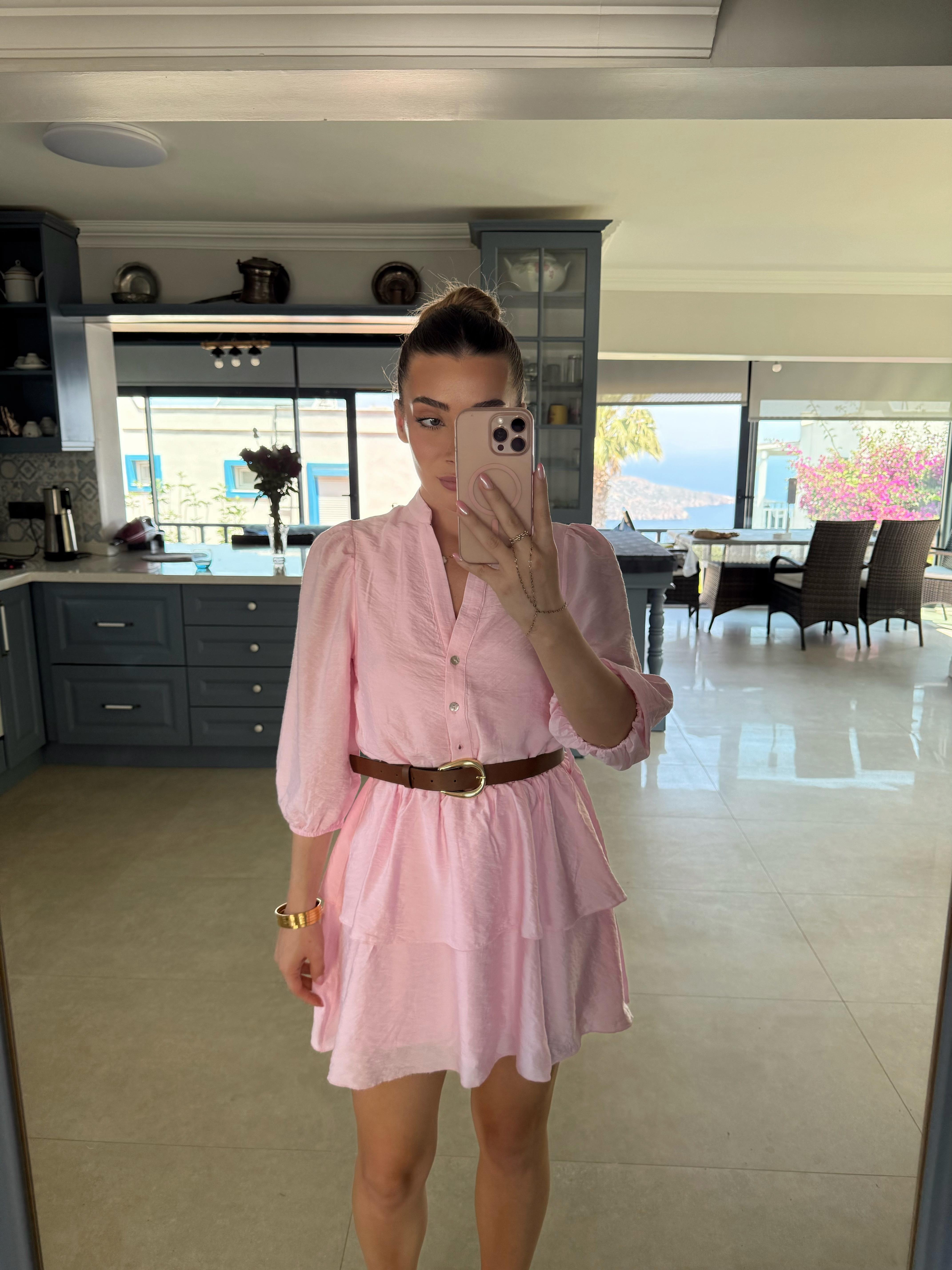 Pembe Kemerli Katlı Elbise-251068