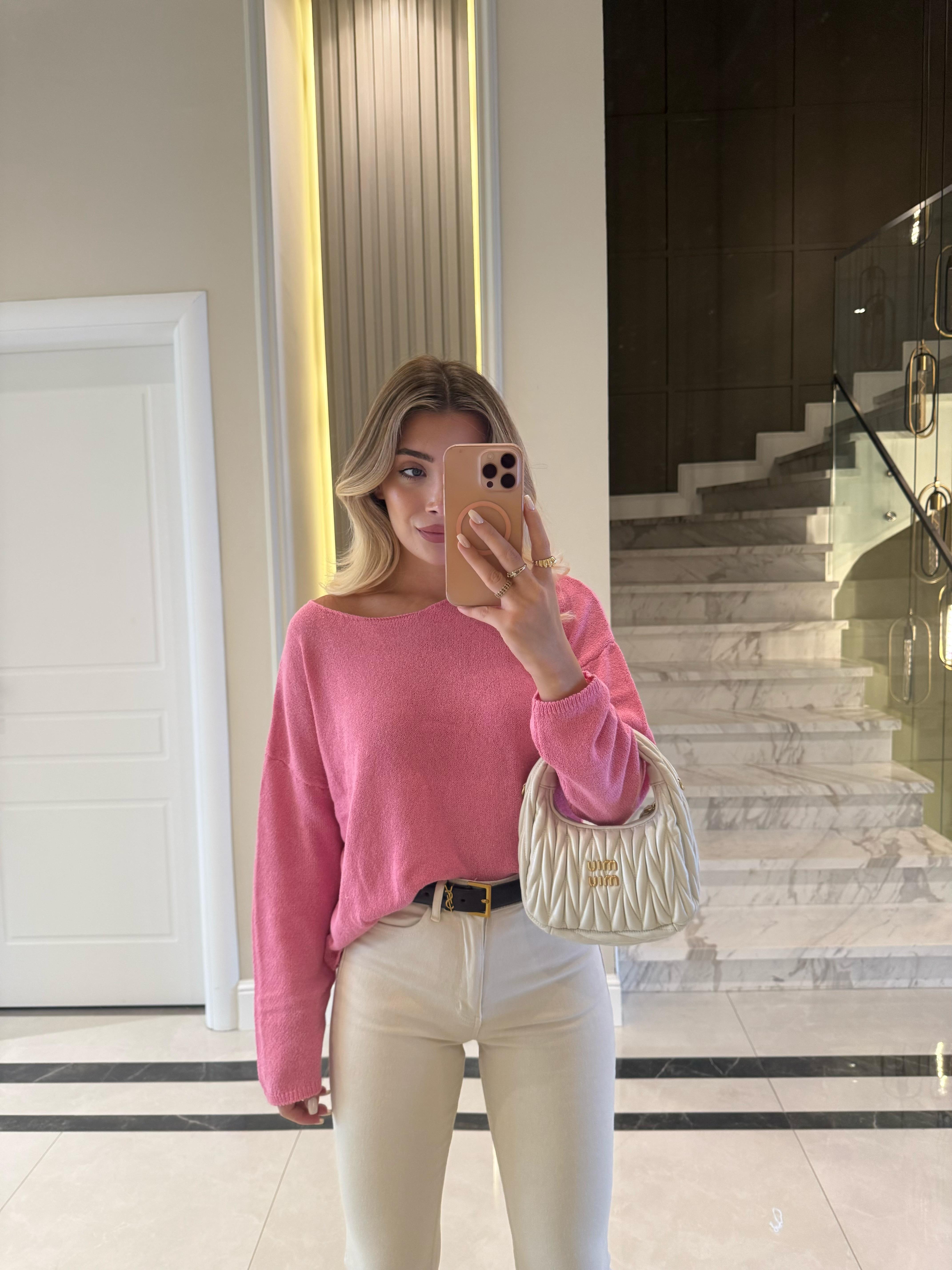 Pembe Kendinden Yakalı Düz Triko -251007