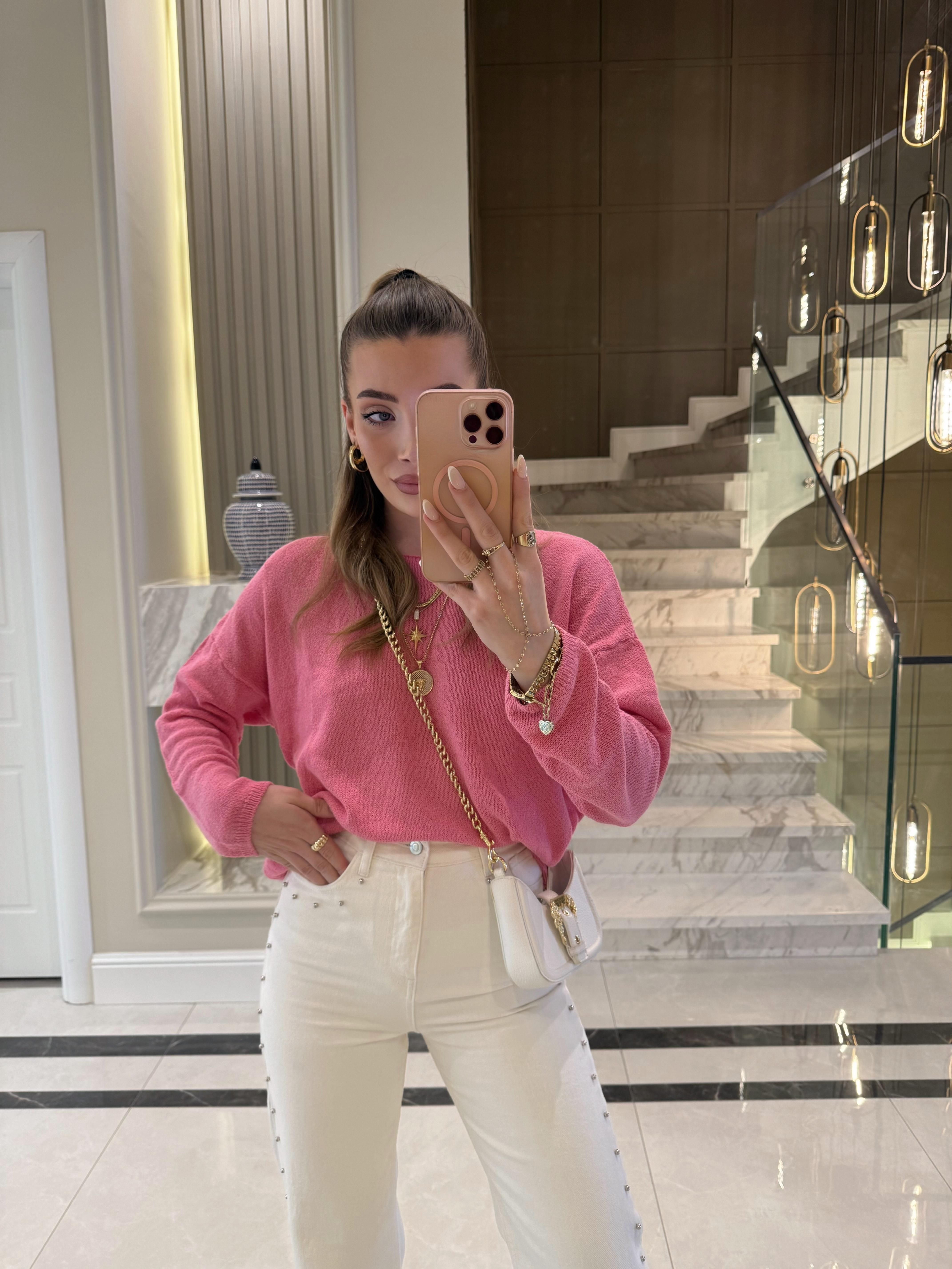 Pembe Kendinden Yakalı Düz Triko -251007