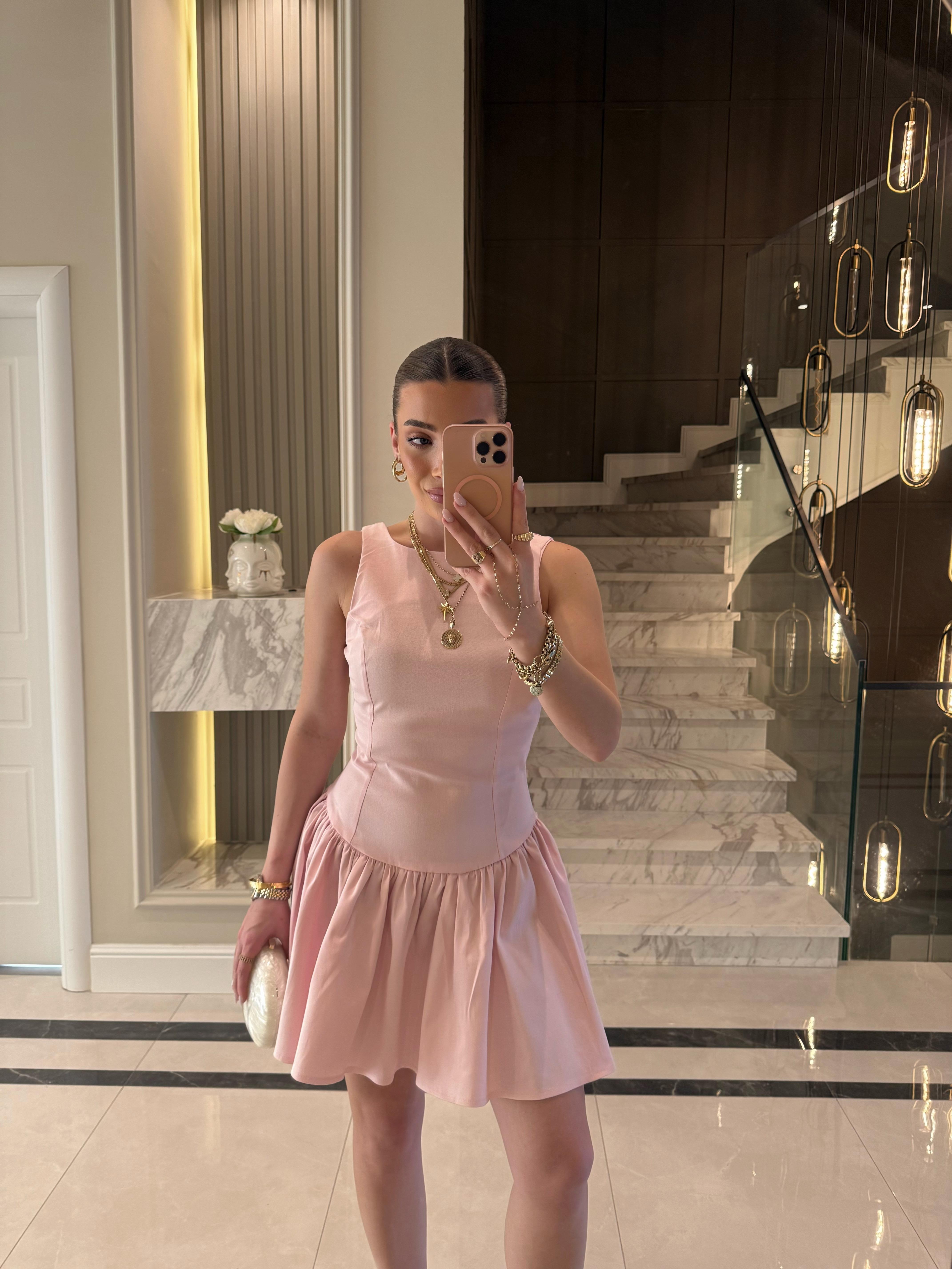 Pembe  Kuplu Büzgülü Mini Elbise 