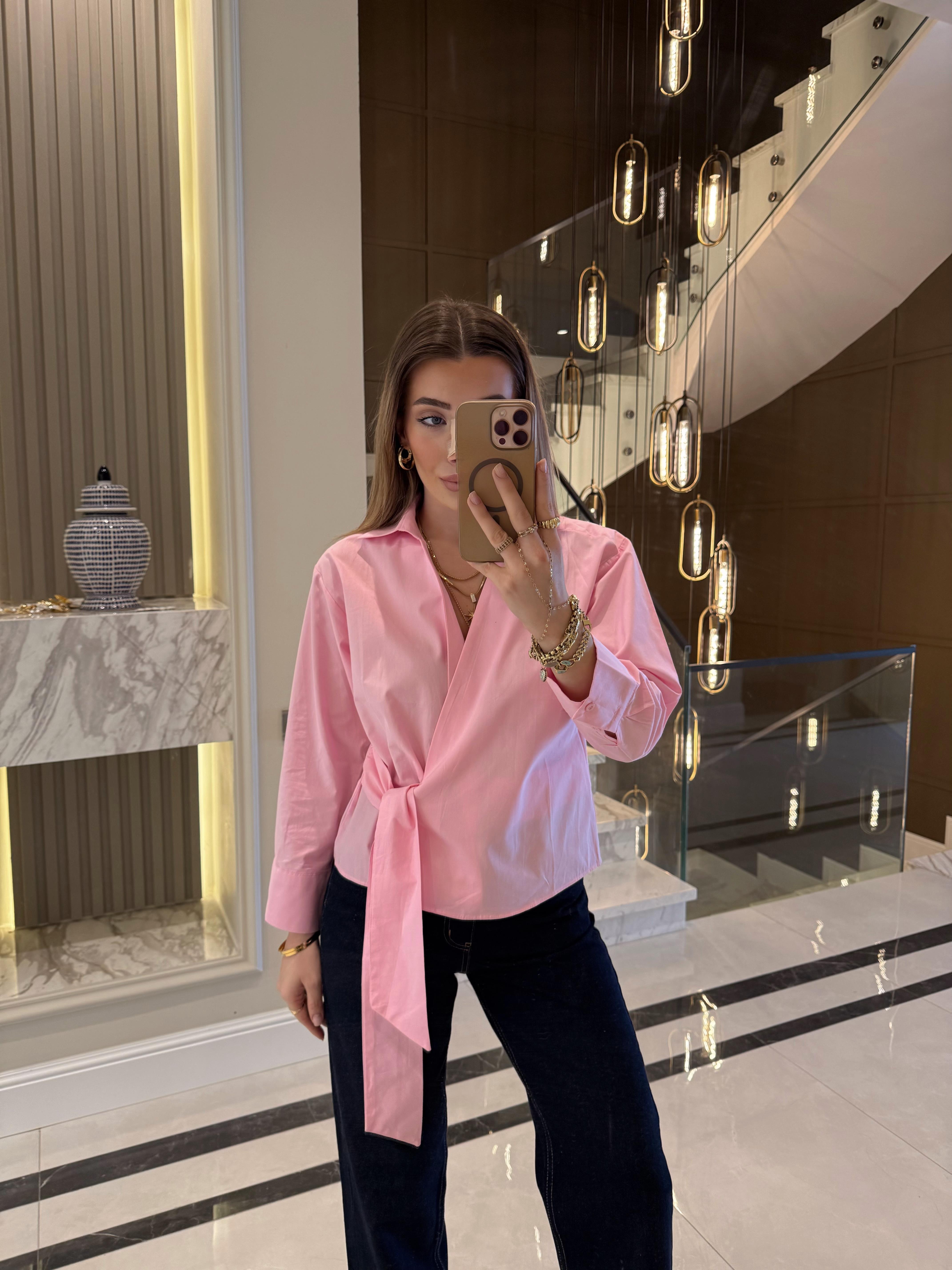 Pembe Massi Bağlamalı Poplin Gömlek