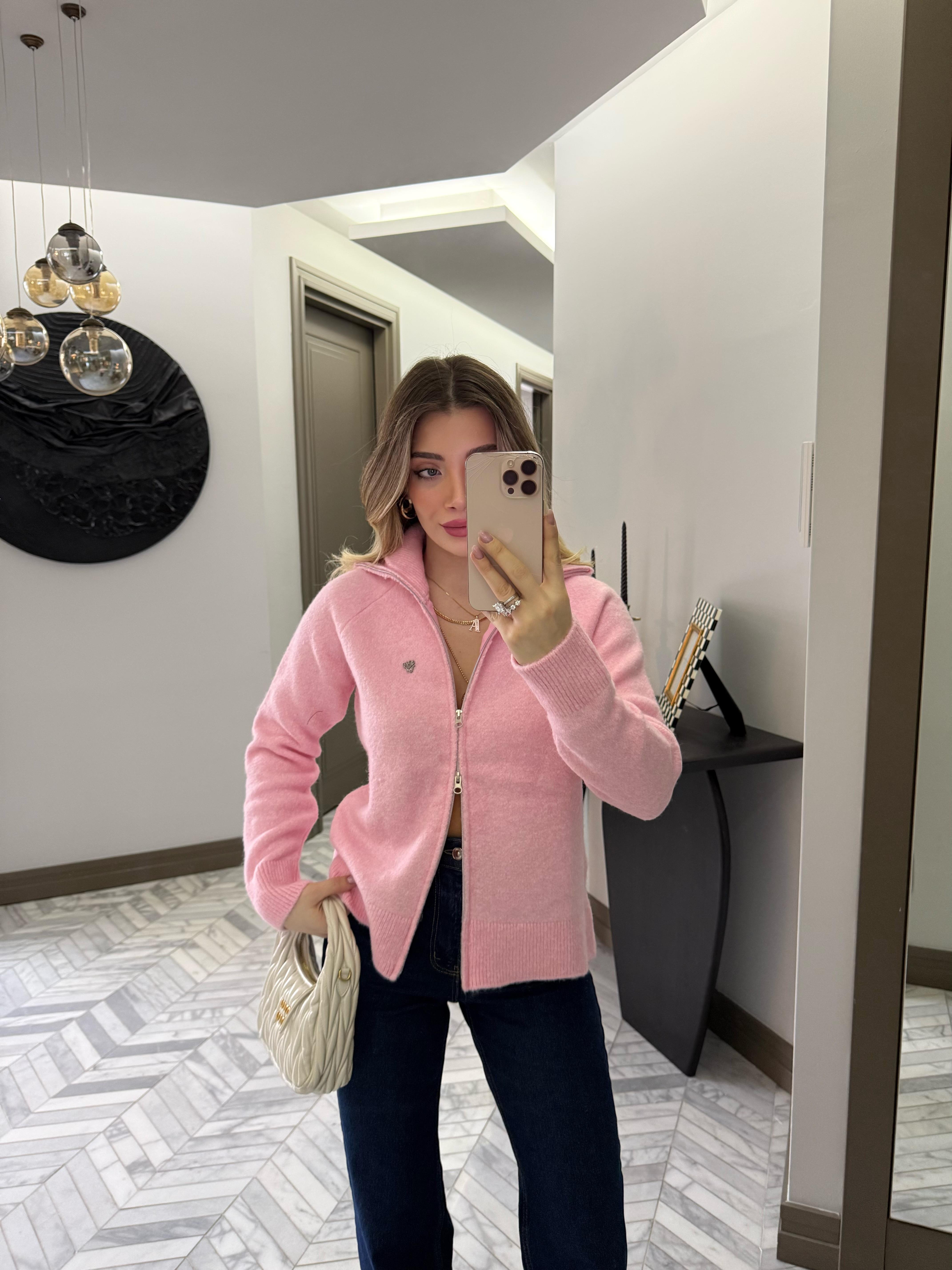 Pembe Triko Fermuarlı Hırka-1108