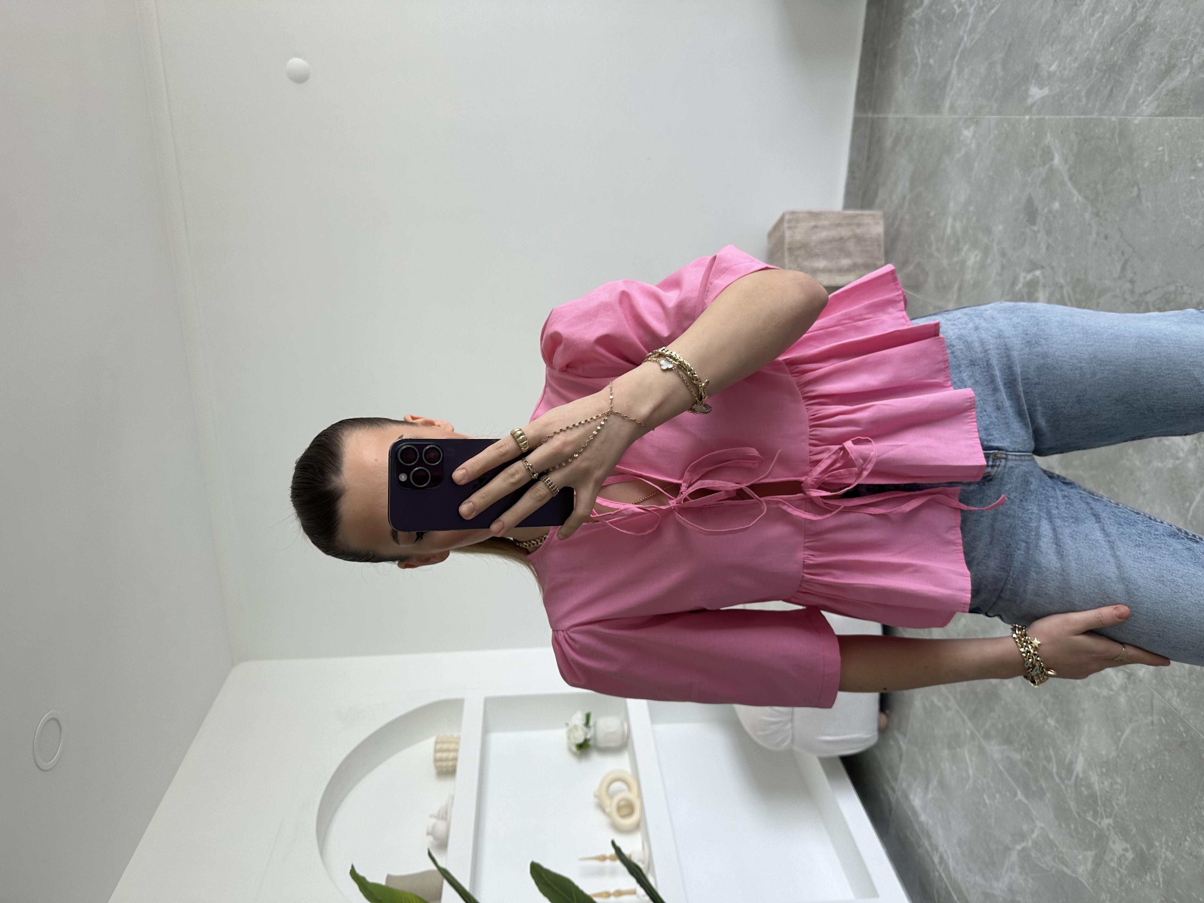 Pembe Ucu Fırfırlı Fiyonklu Poplin Bluz