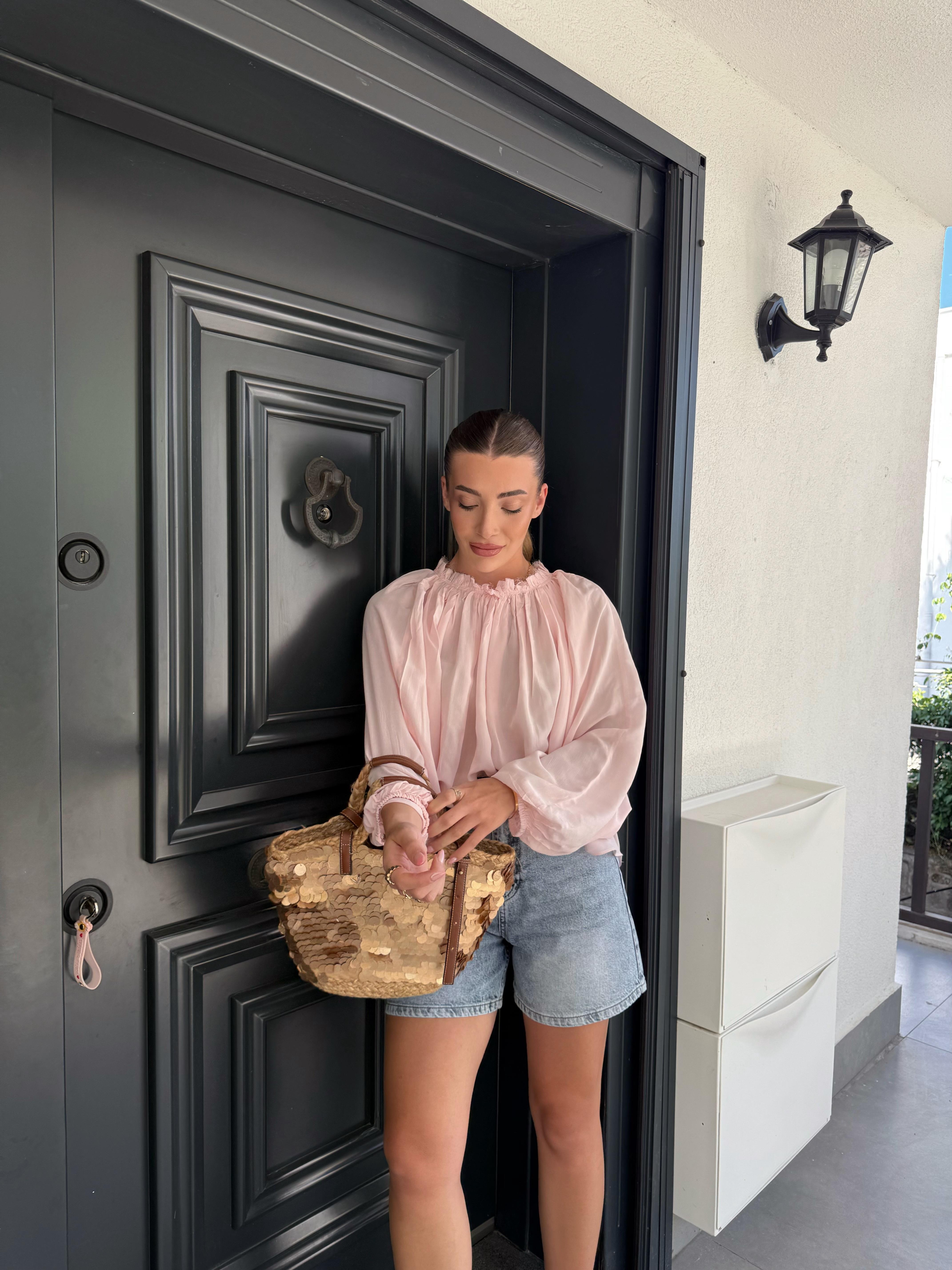 Pembe Yakası Büzgülü Bluz -4959