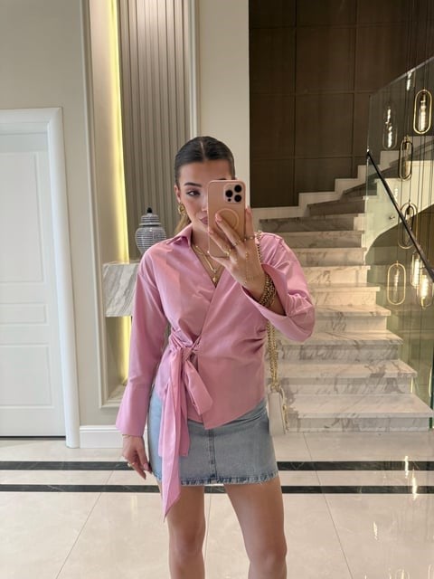 Pembe Yandan Bağlamalı Poplin Gömlek-QZ