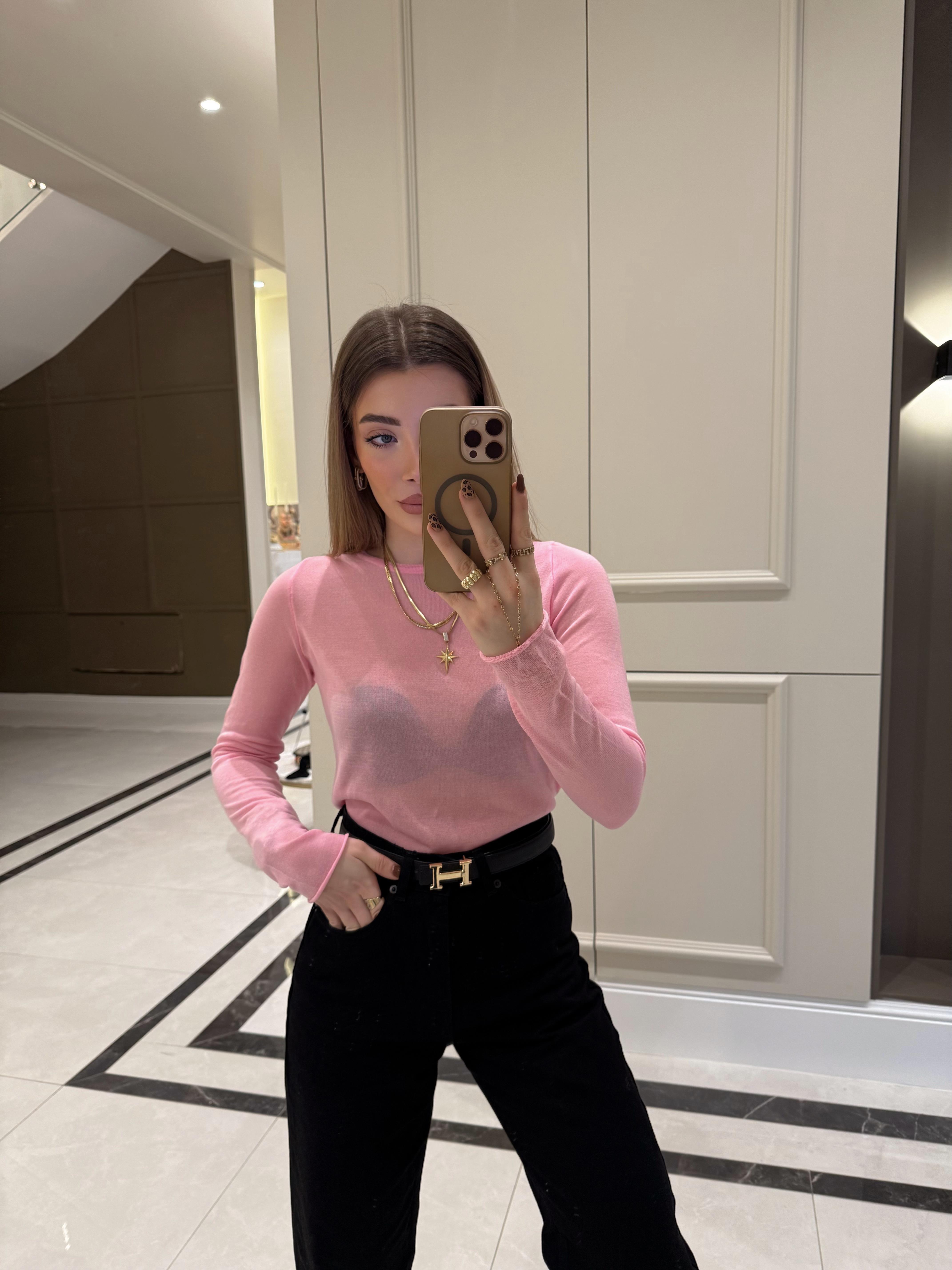 QS Pembe Bisiklet Yaka Transparan Bluz - 241025