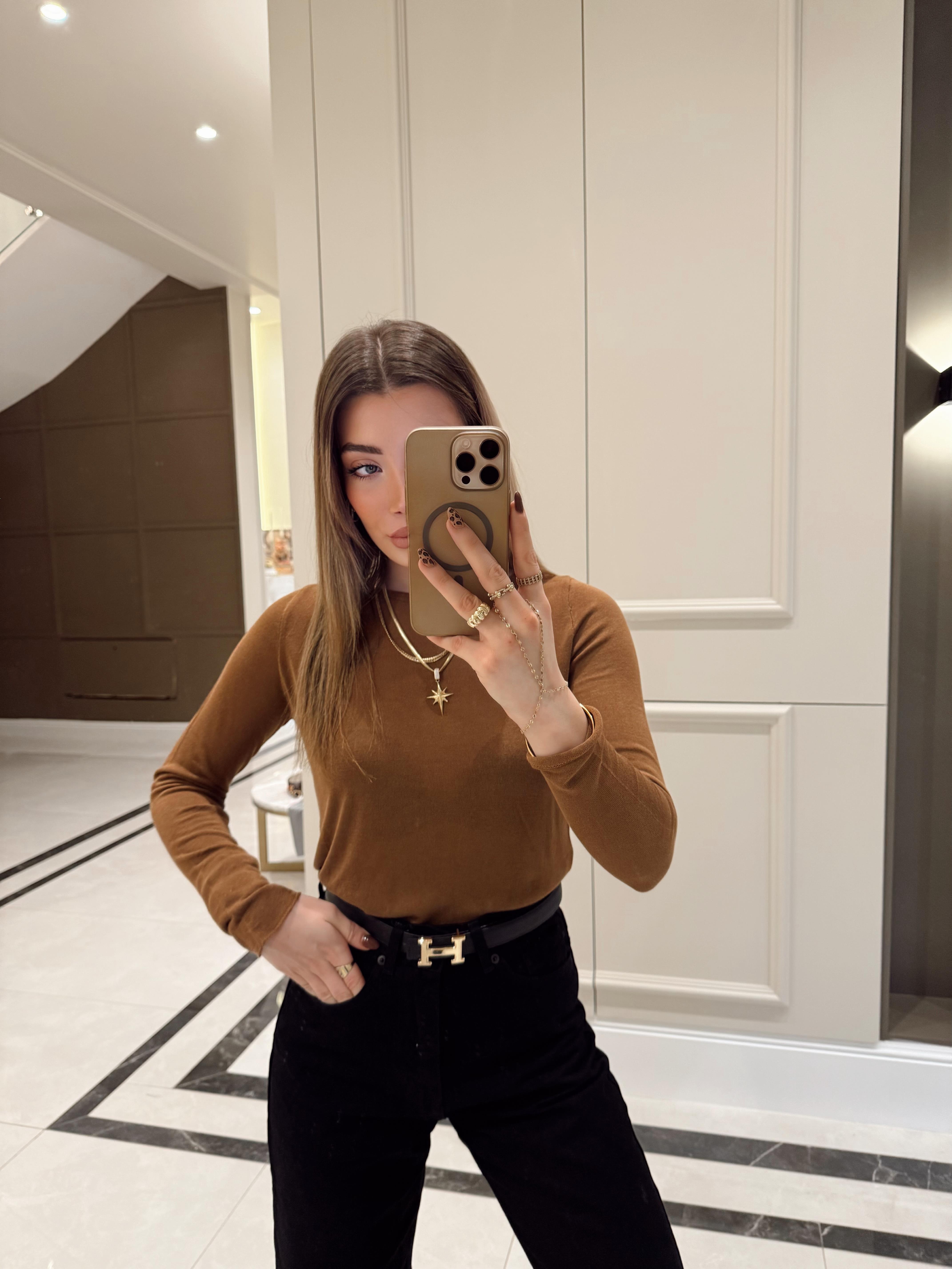 QS Sütlü Kahve  Bisiklet Yaka Transparan Bluz - 241025