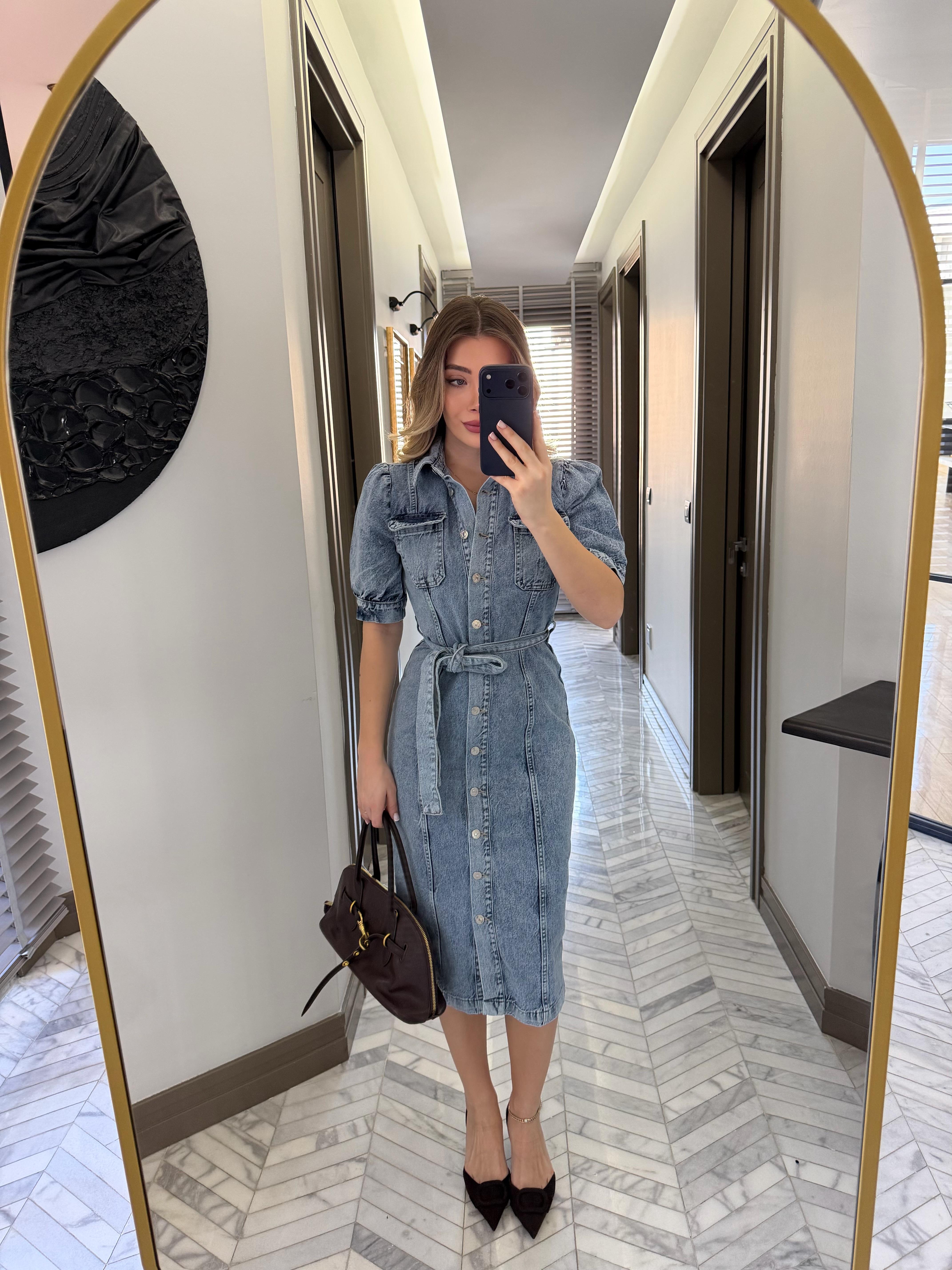 Rins Yıkama Kuşaklı Denim Elbise