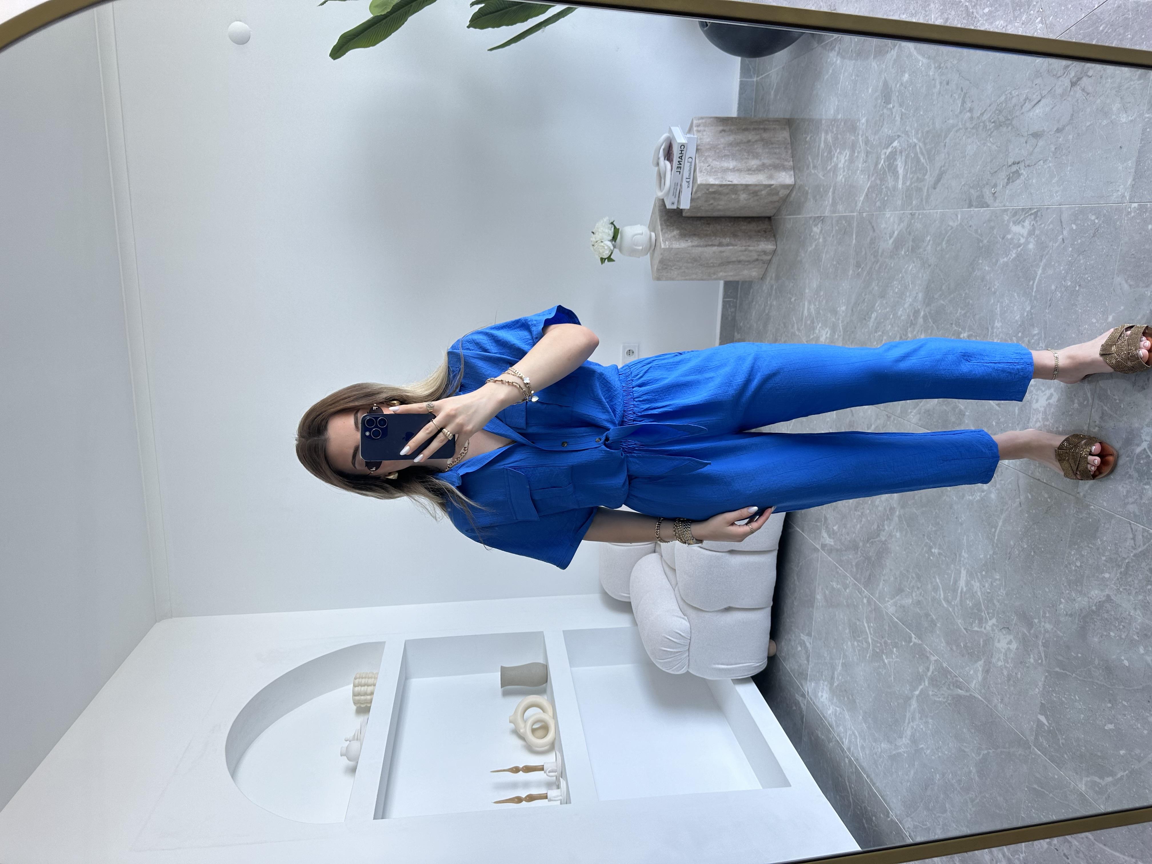 Saks Önü Bağlamalı Kısa Gömlek Pantolon İkili Takım