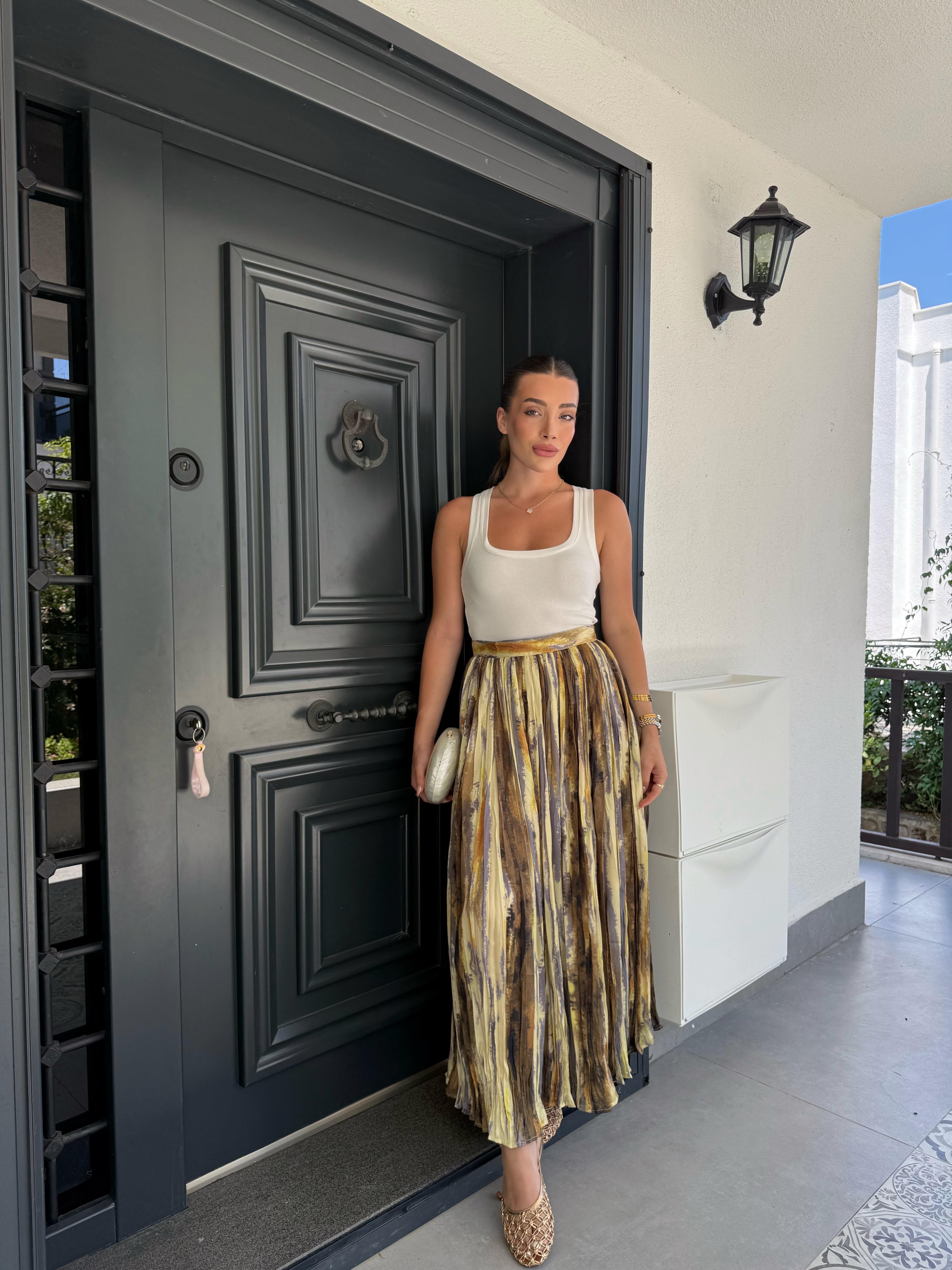 Sarı Batik Desen Saten Etek