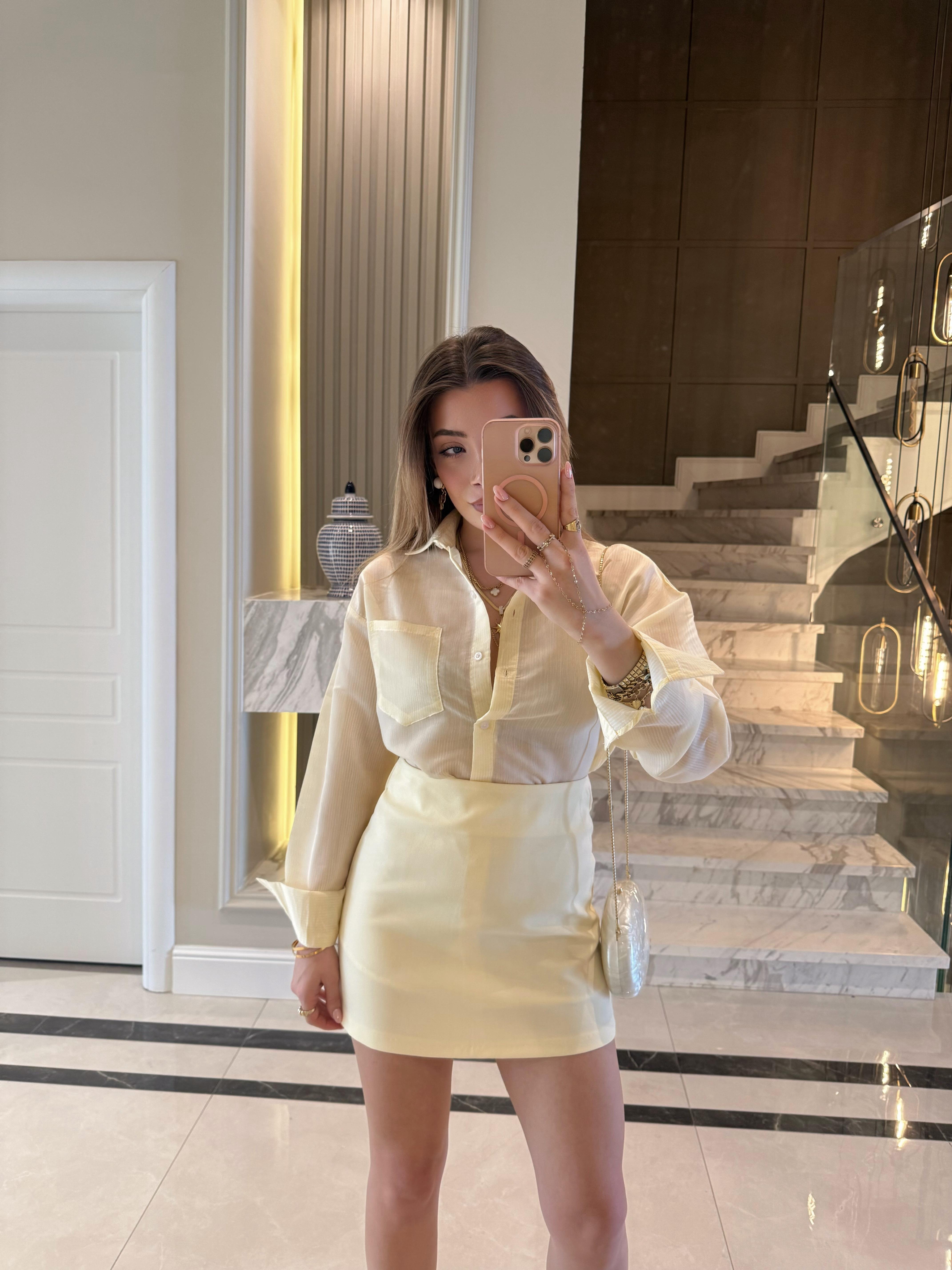 Sarı -Beyaz Çizgili Ms Oversize Gömlek 