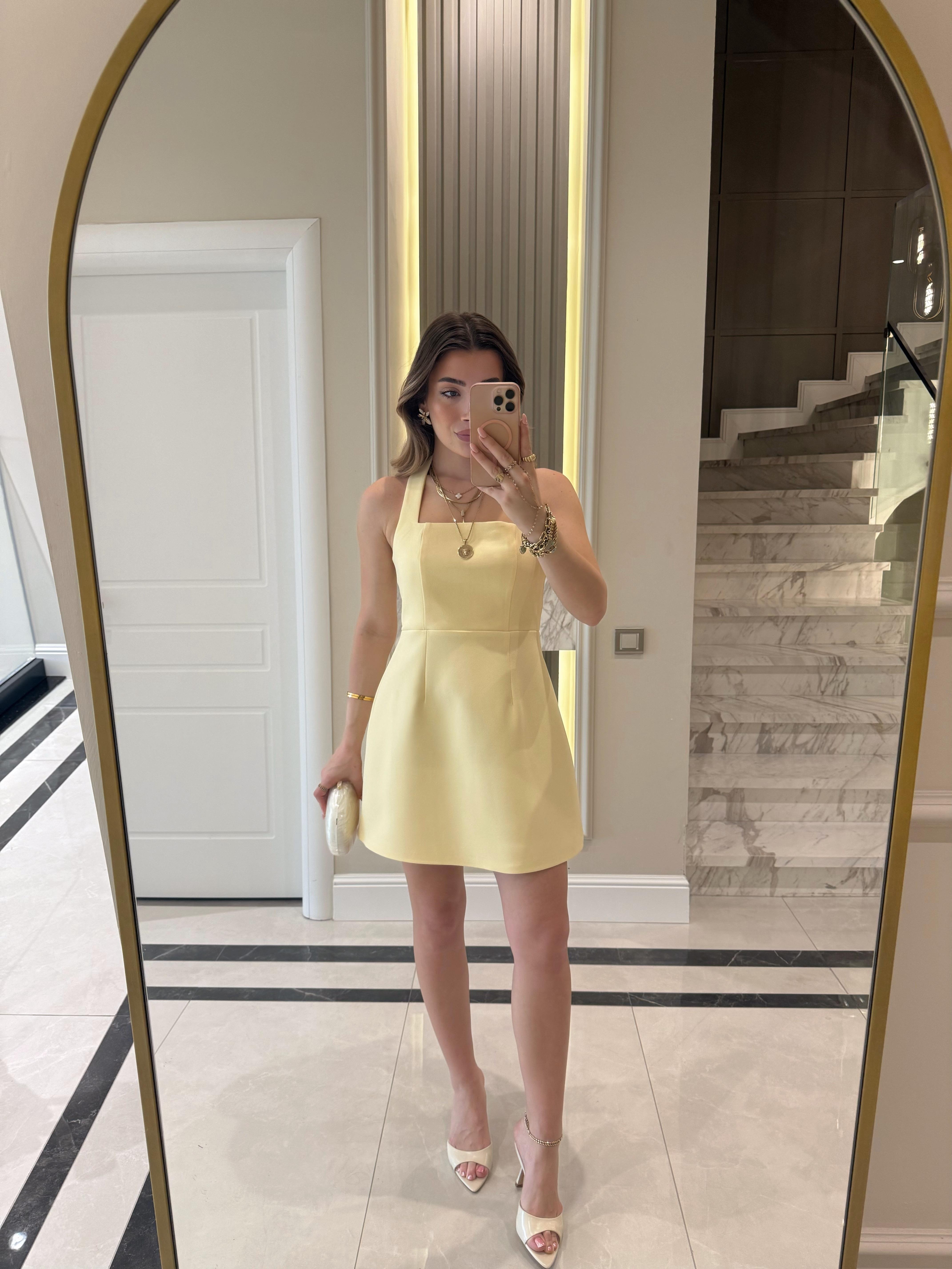 Sarı Boyundan Askılı Mini Elbise-12328