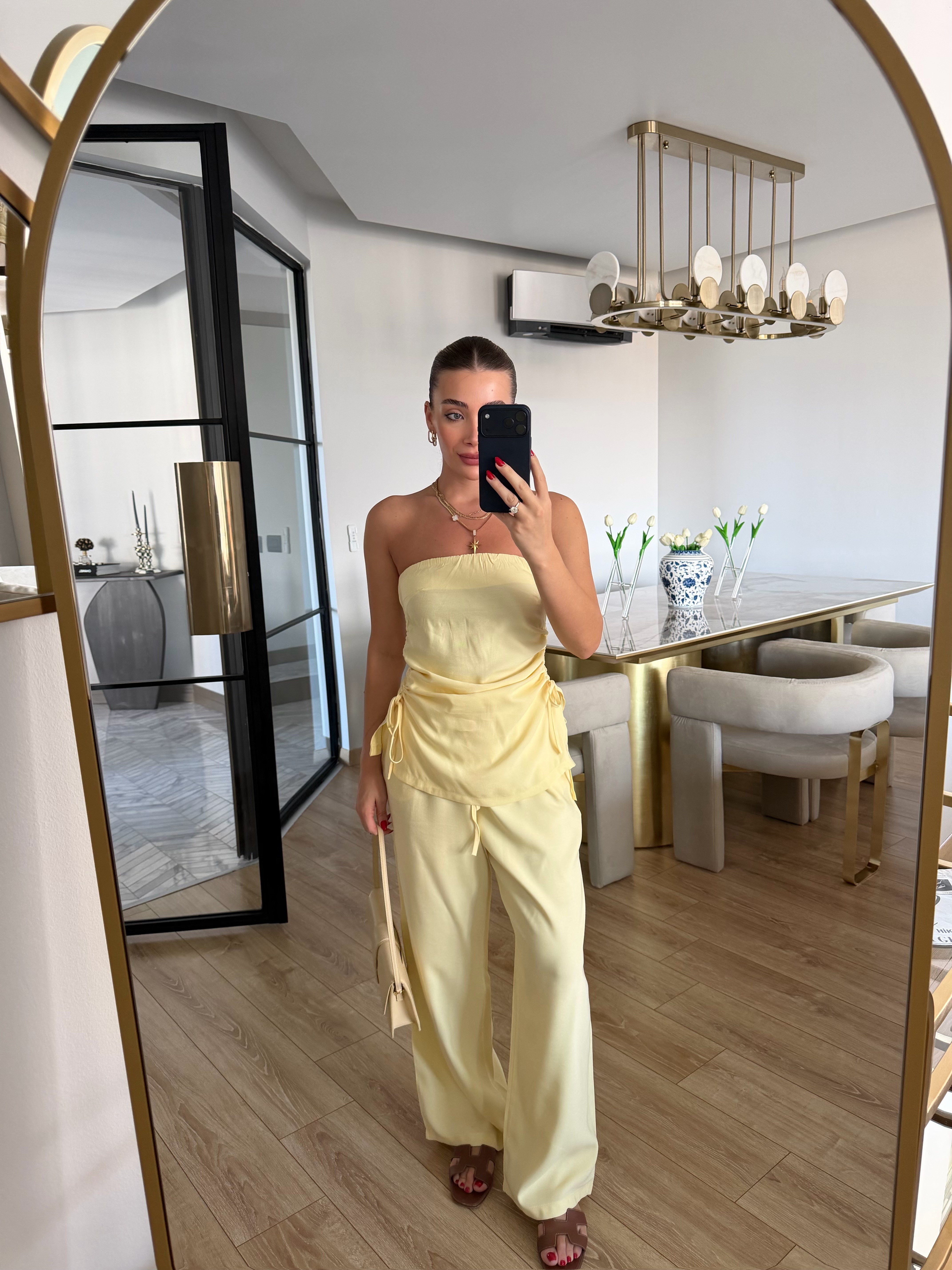 Sarı Büzgülü Straplez Bluz-Pantolon Takım