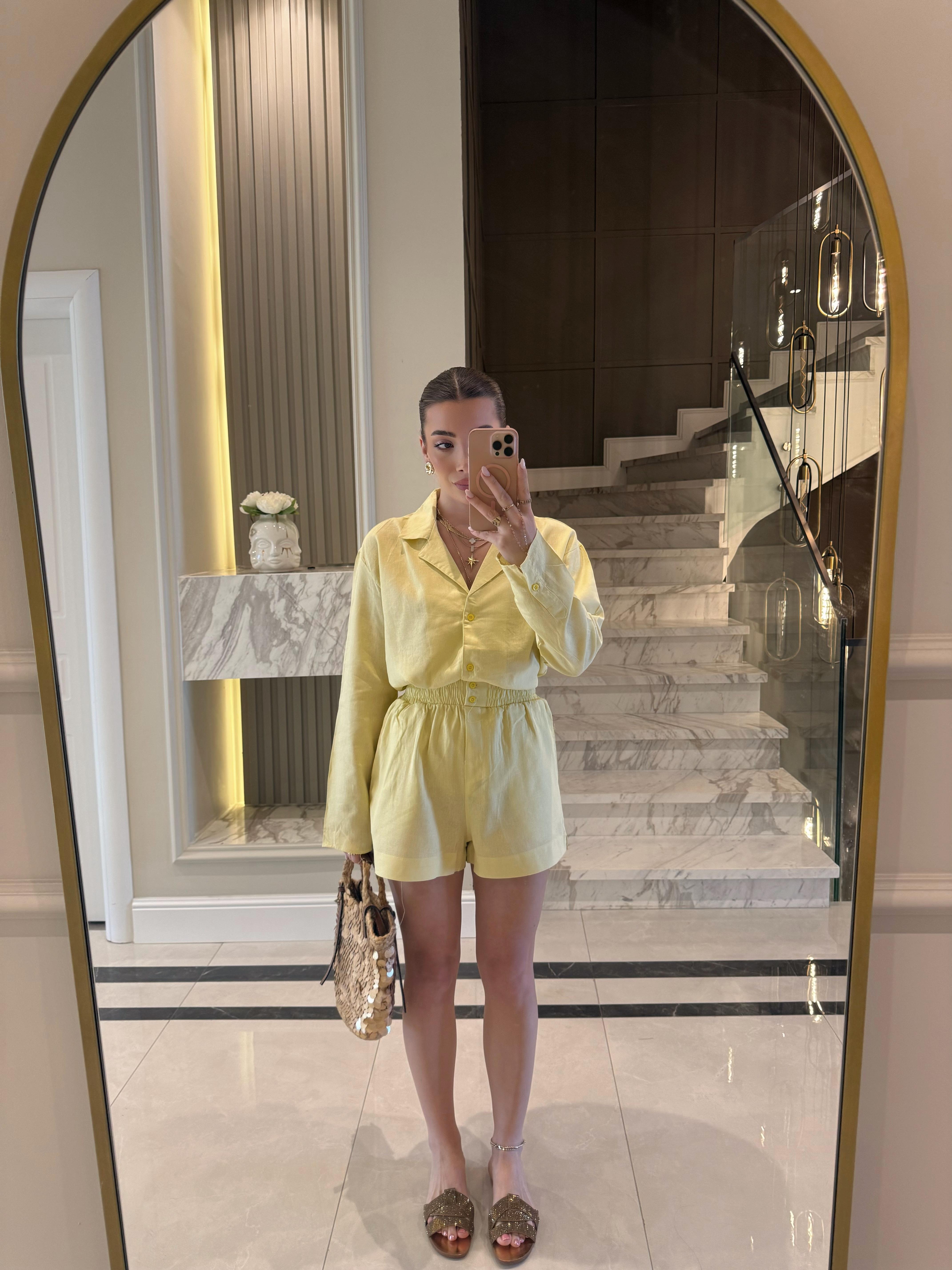 Sarı Ham Keten Gömlek Şort Massi İkili Takım