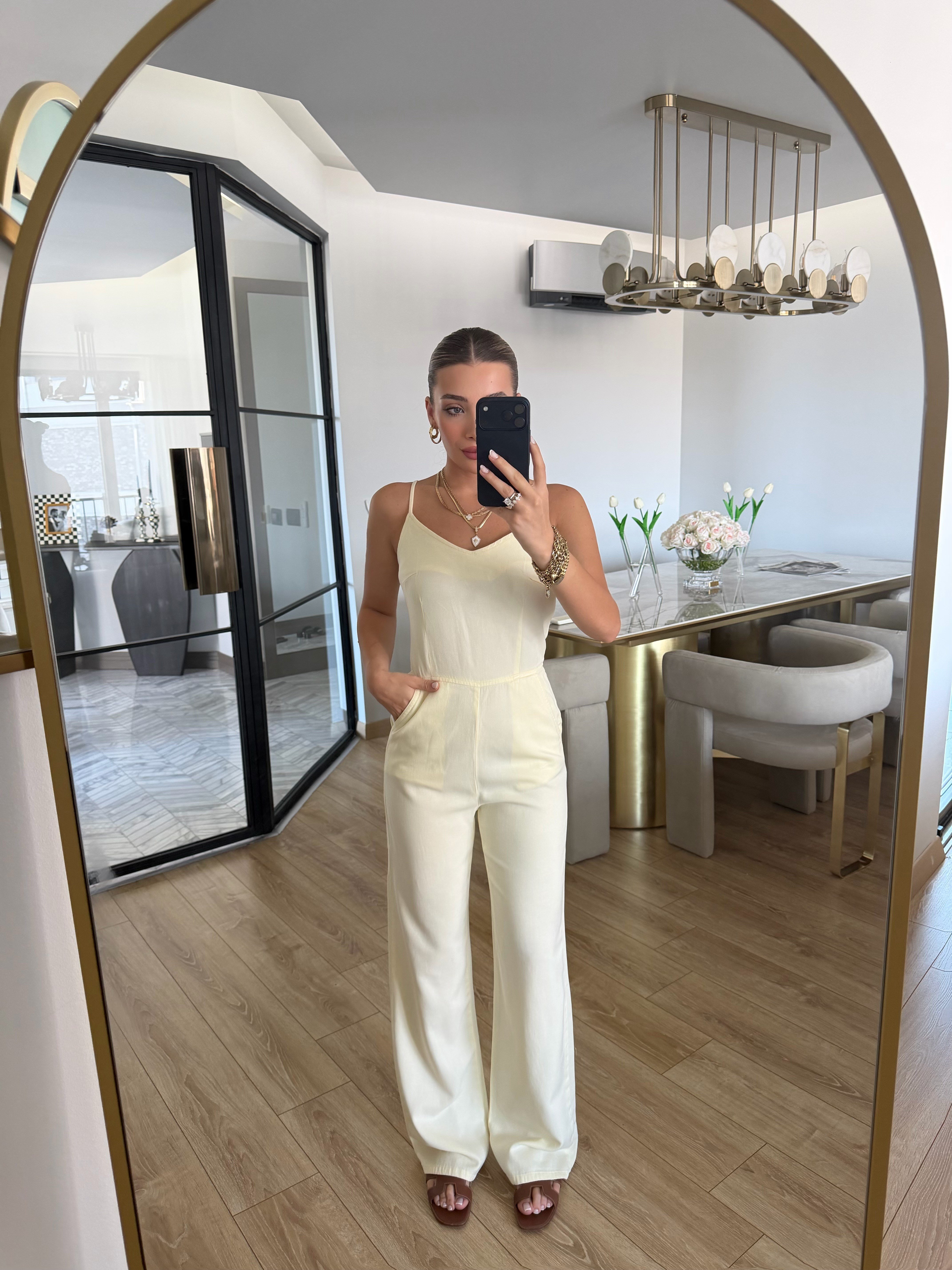 Sarı İnce Askılı Lyocell Tulum- 72024