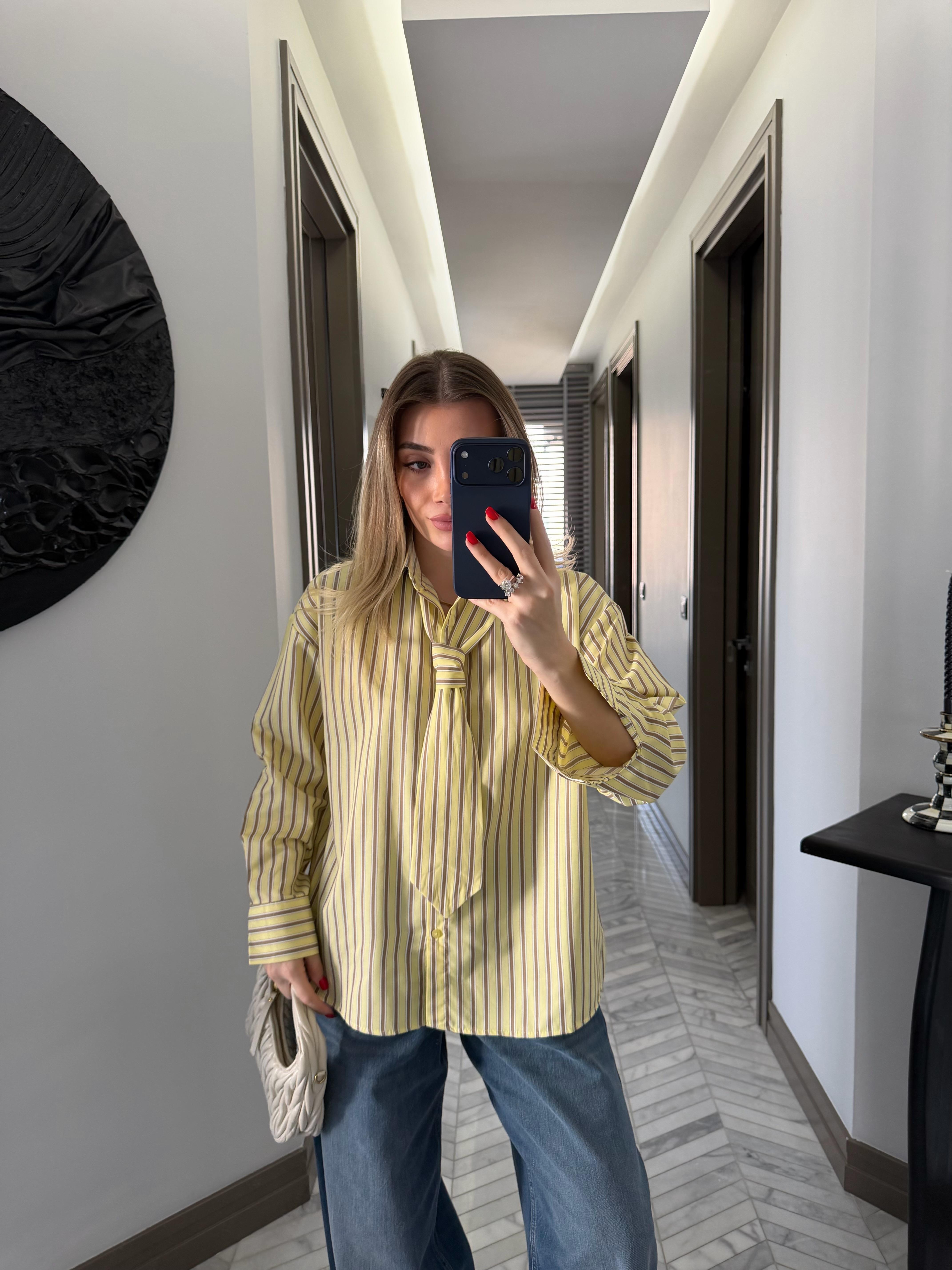 Sarı-Kahve  Kravatlı Çizgili Gömlek-1007