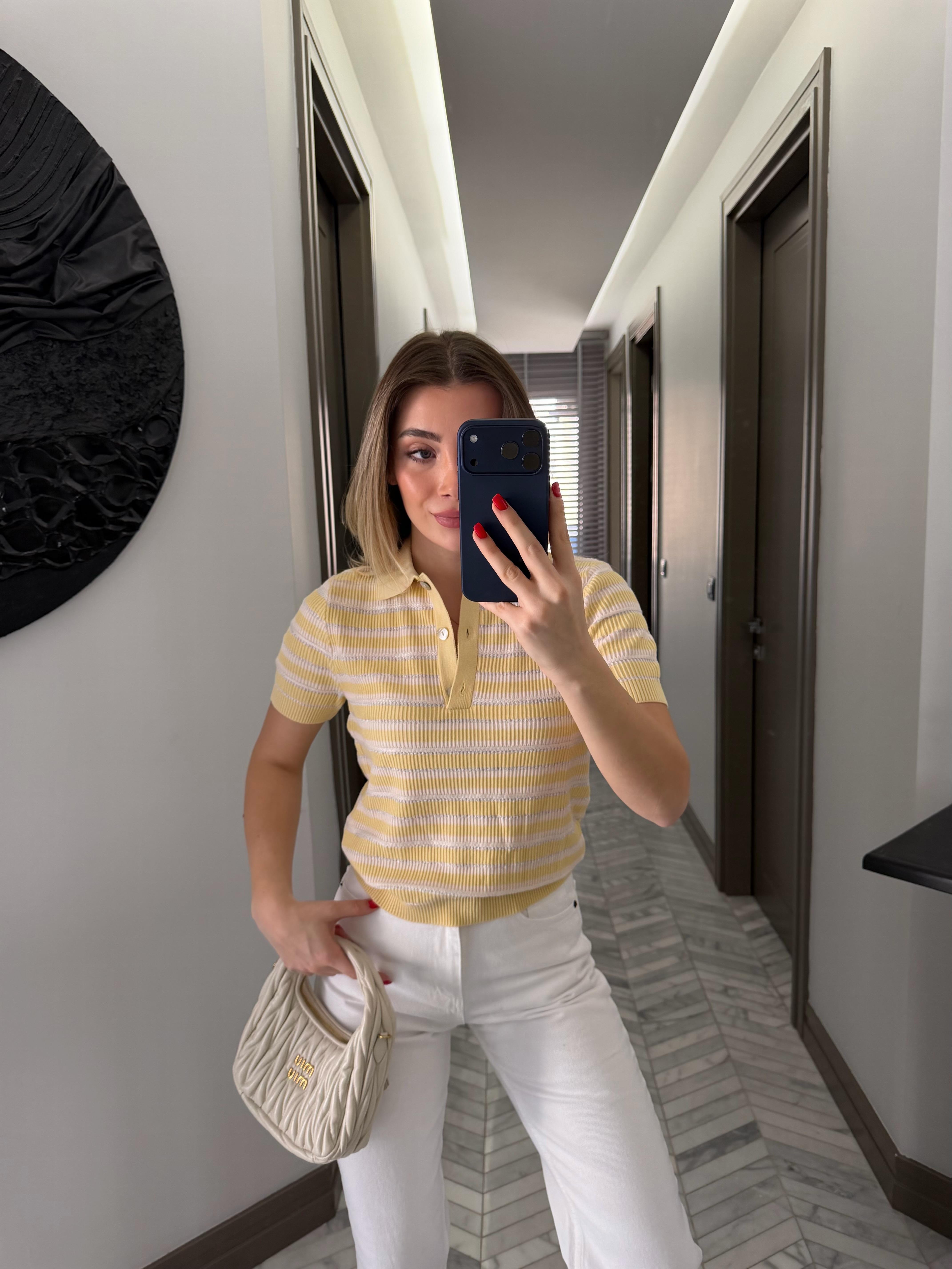 Sarı-Krem Polo Yaka triko Tişört-1094