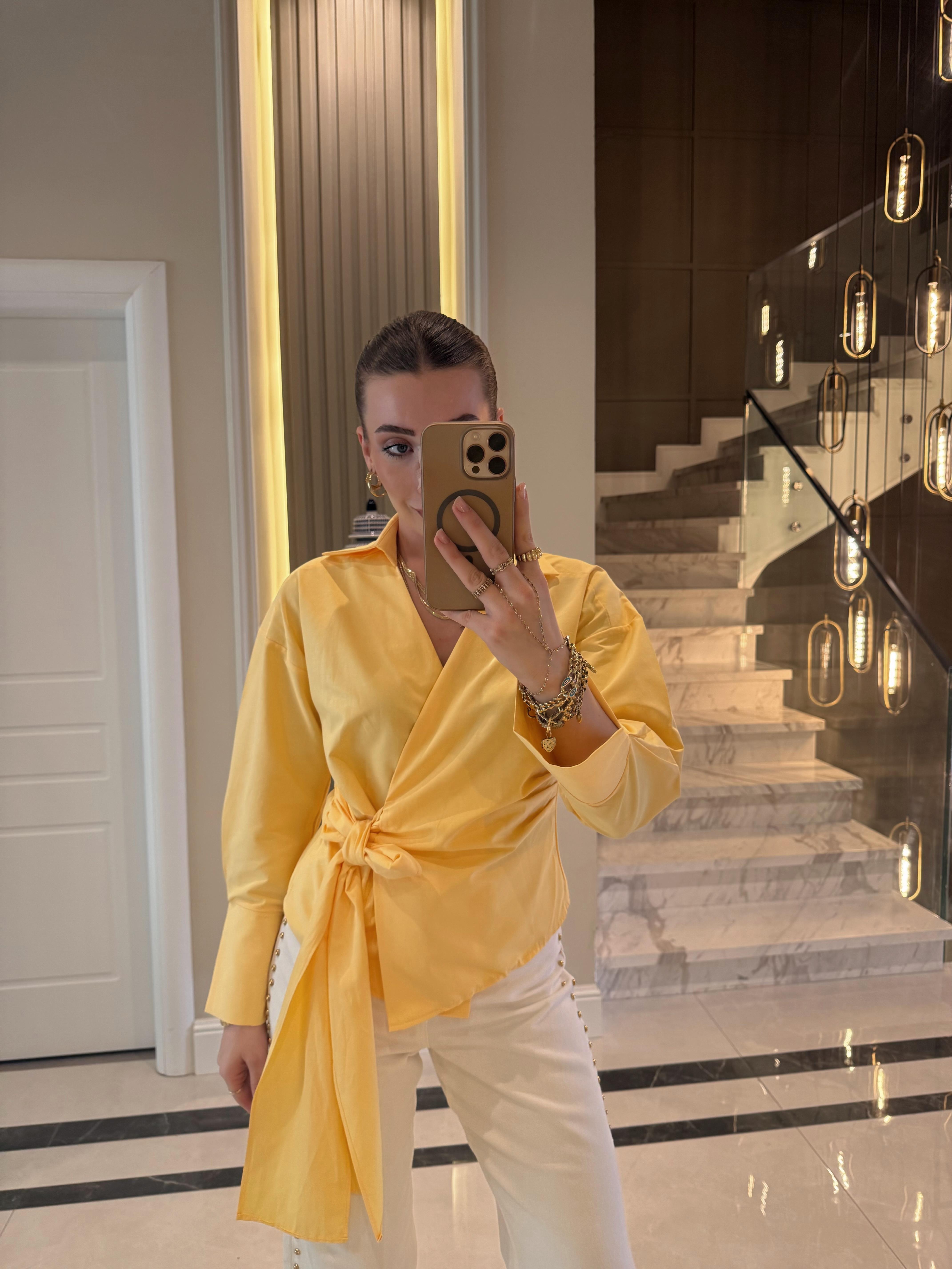 Sarı Kruvaze Bağlamalı Poplin Gömlek-241025