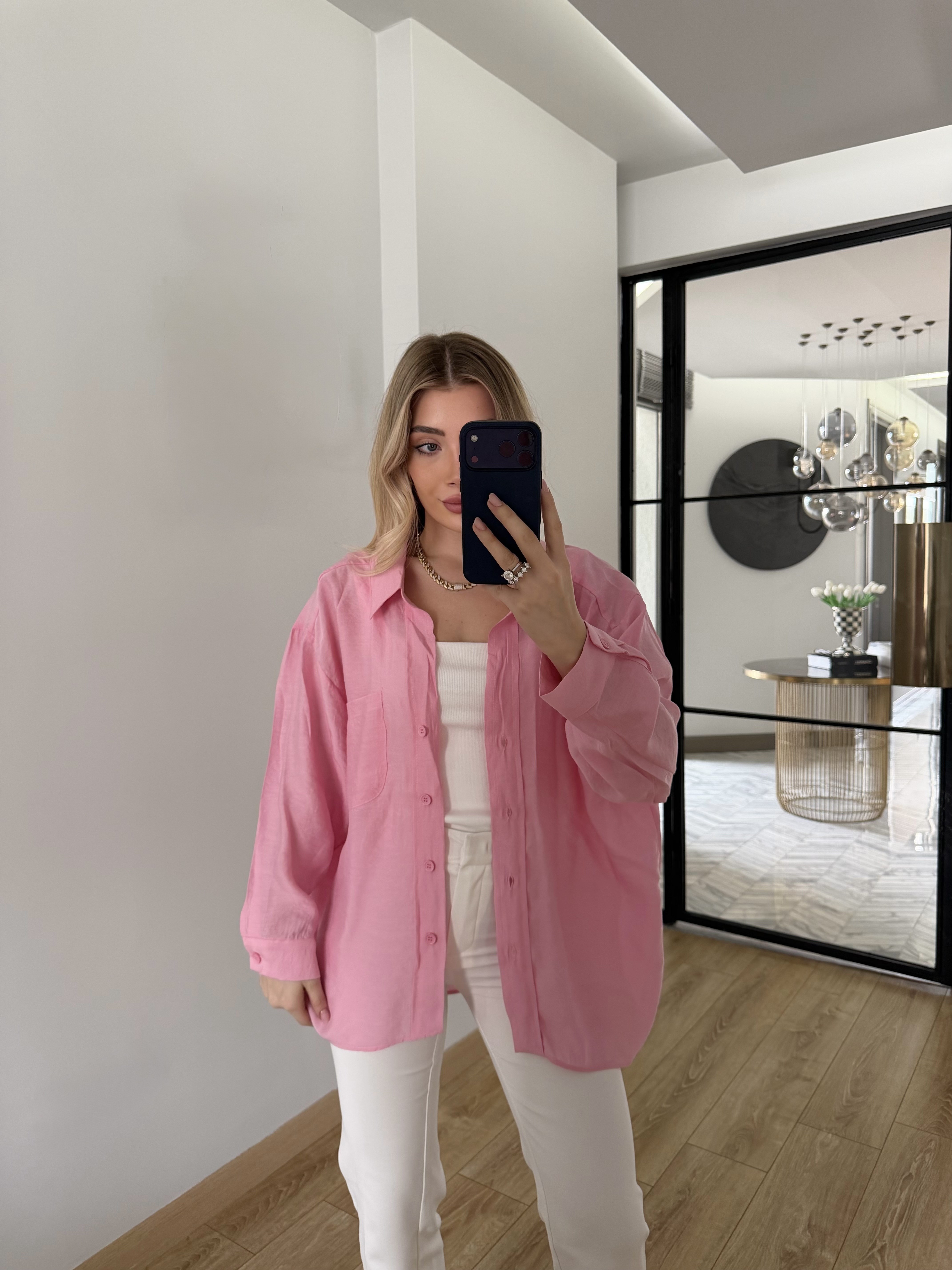 Şeker Pembe Düşük Omuzlu Oversize Tensel Gömlek-4612