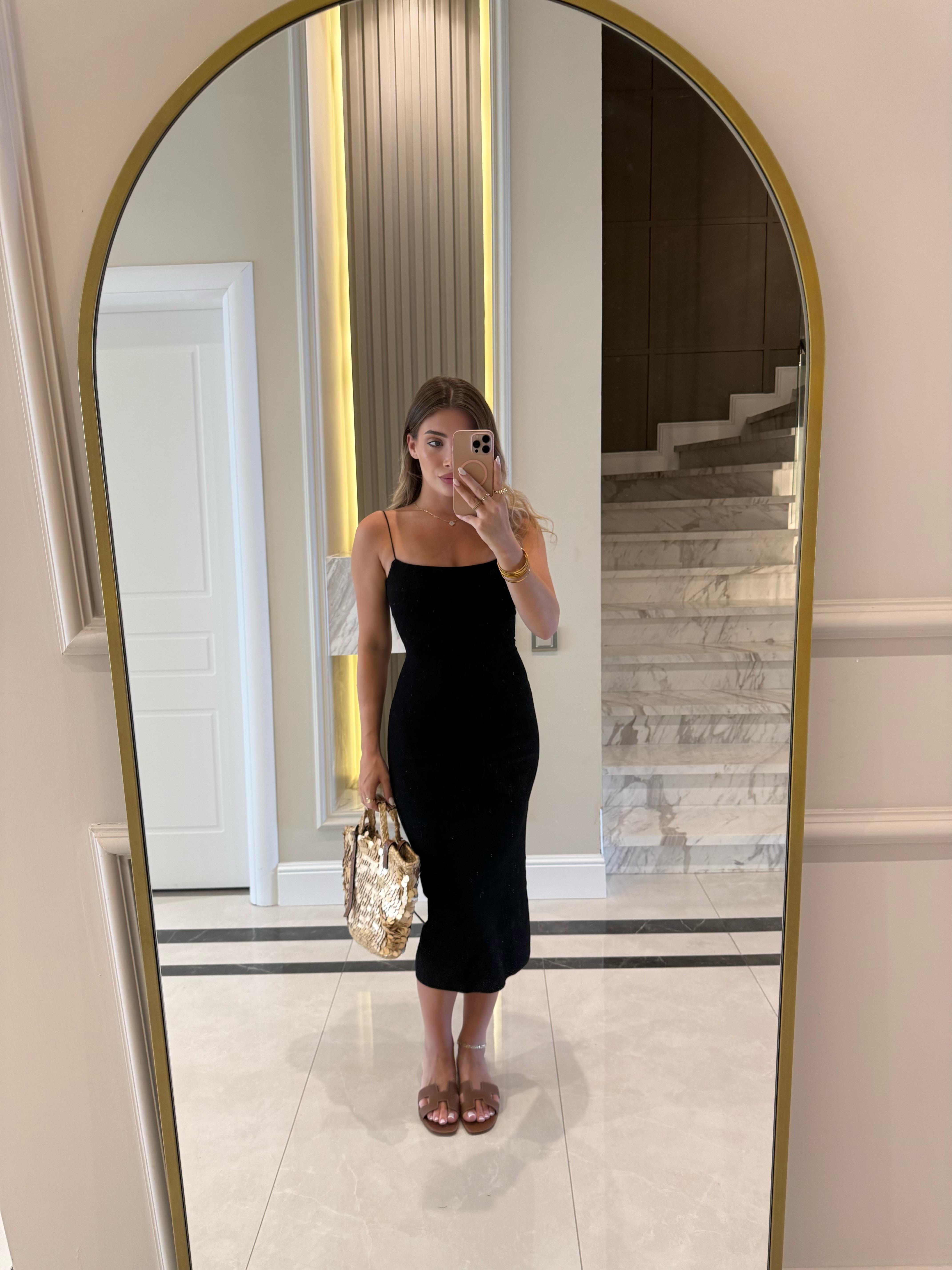 Siyah  Askılı Midi Elbise -91495