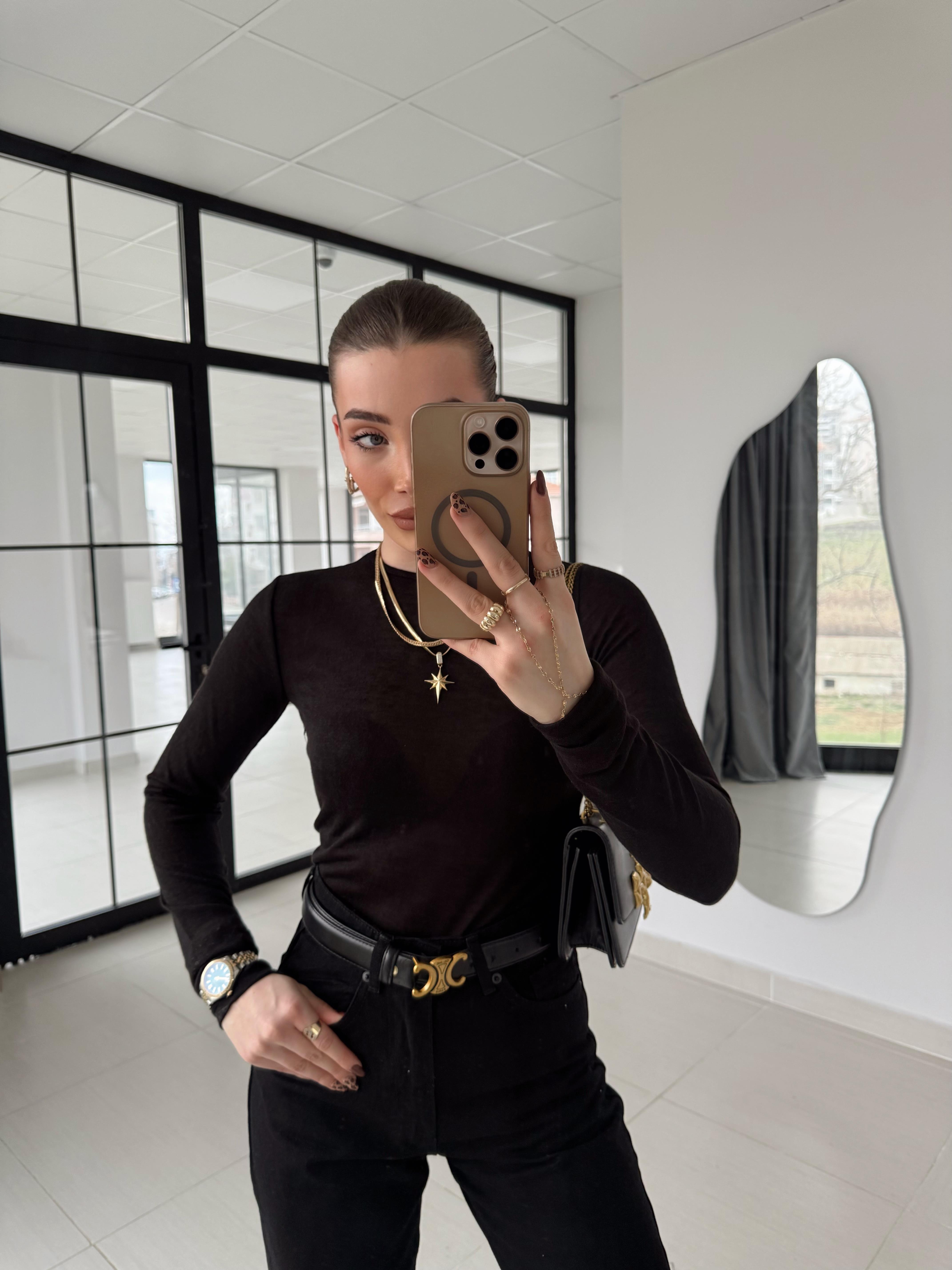 Siyah Bisiklet Yaka Transparan Bluz-1091