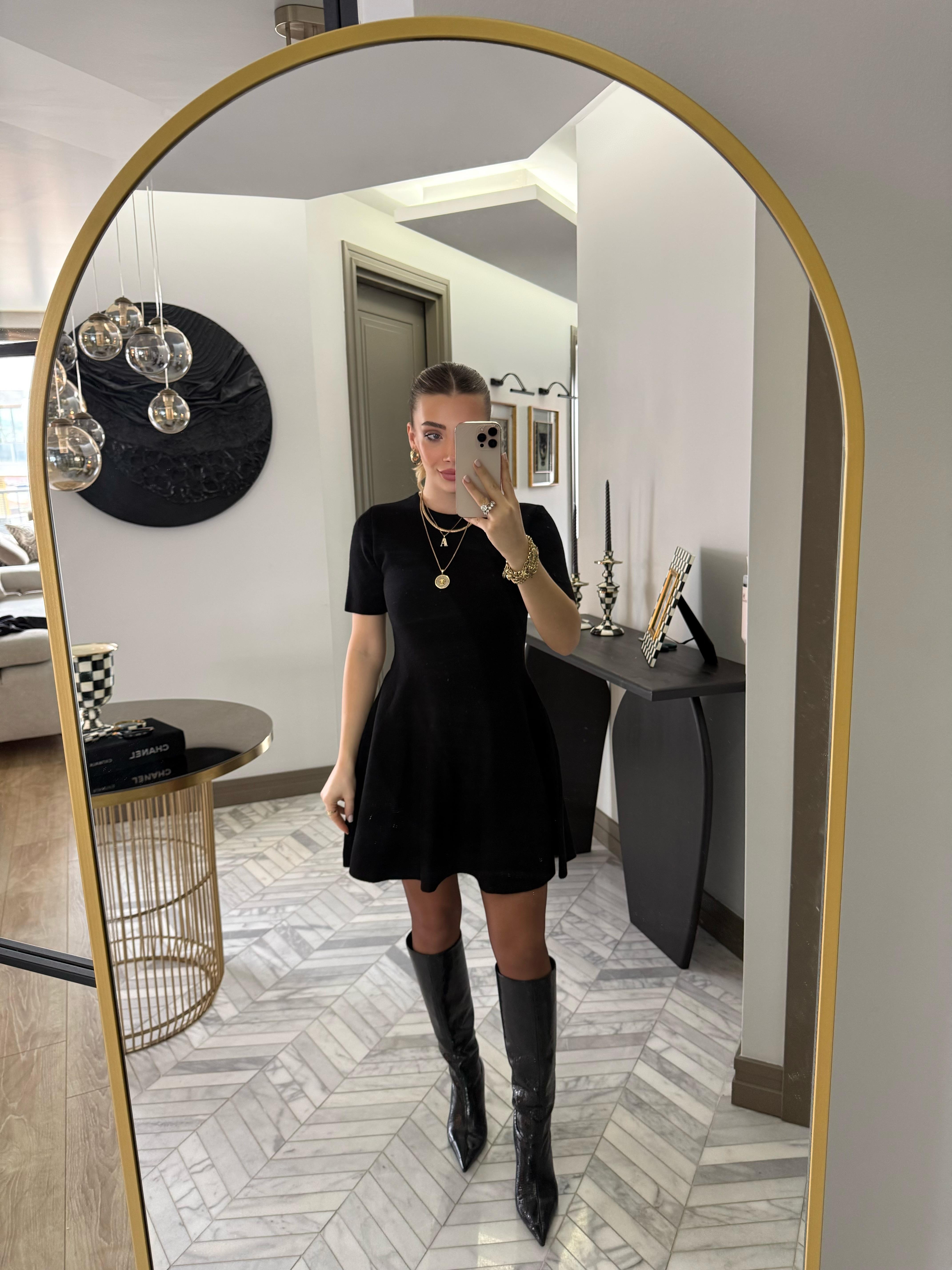 Siyah Bisiklet Yaka Volanlı Triko Elbise-90258