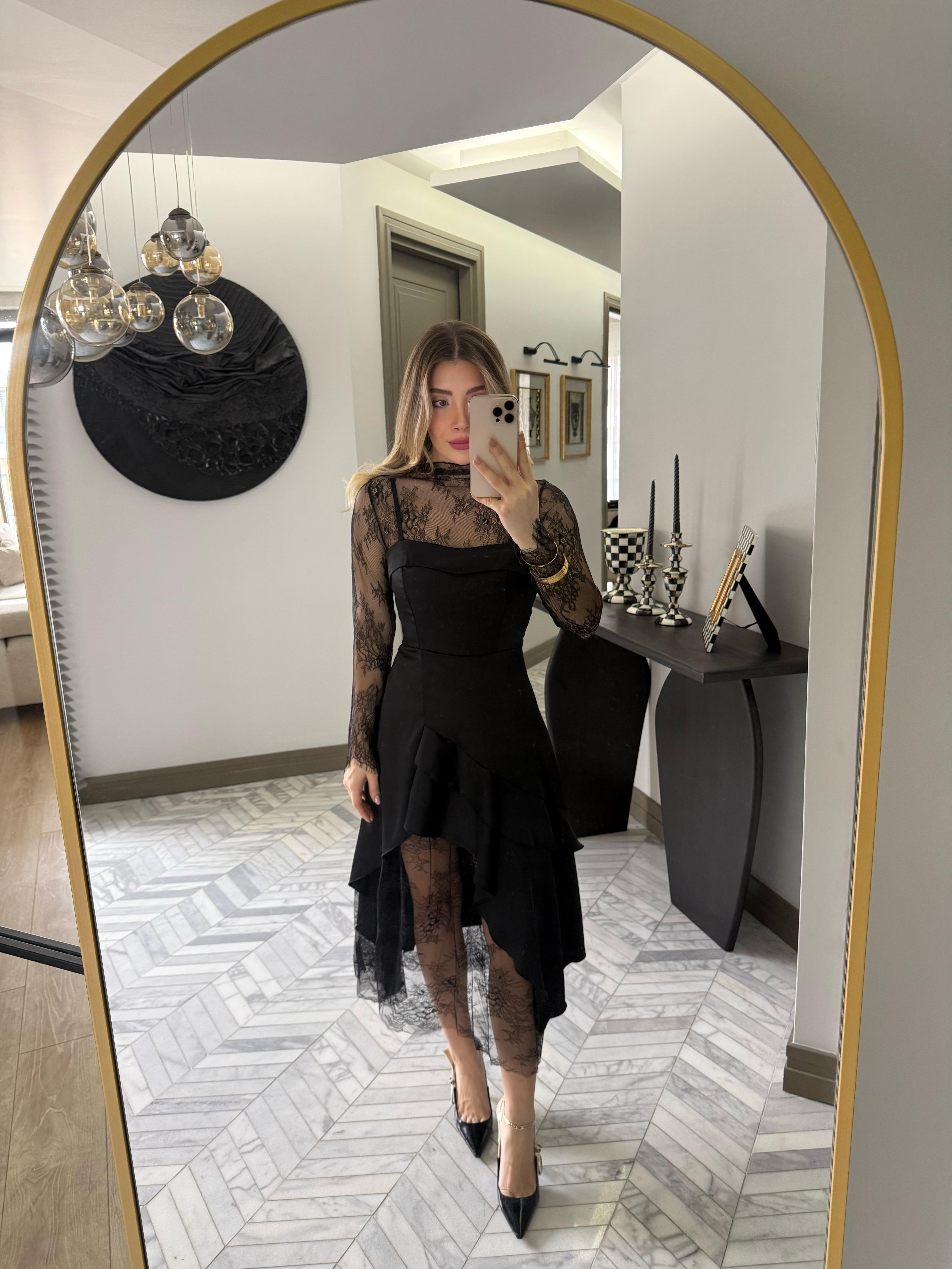 Siyah Dantel Desenli Elbise-35533