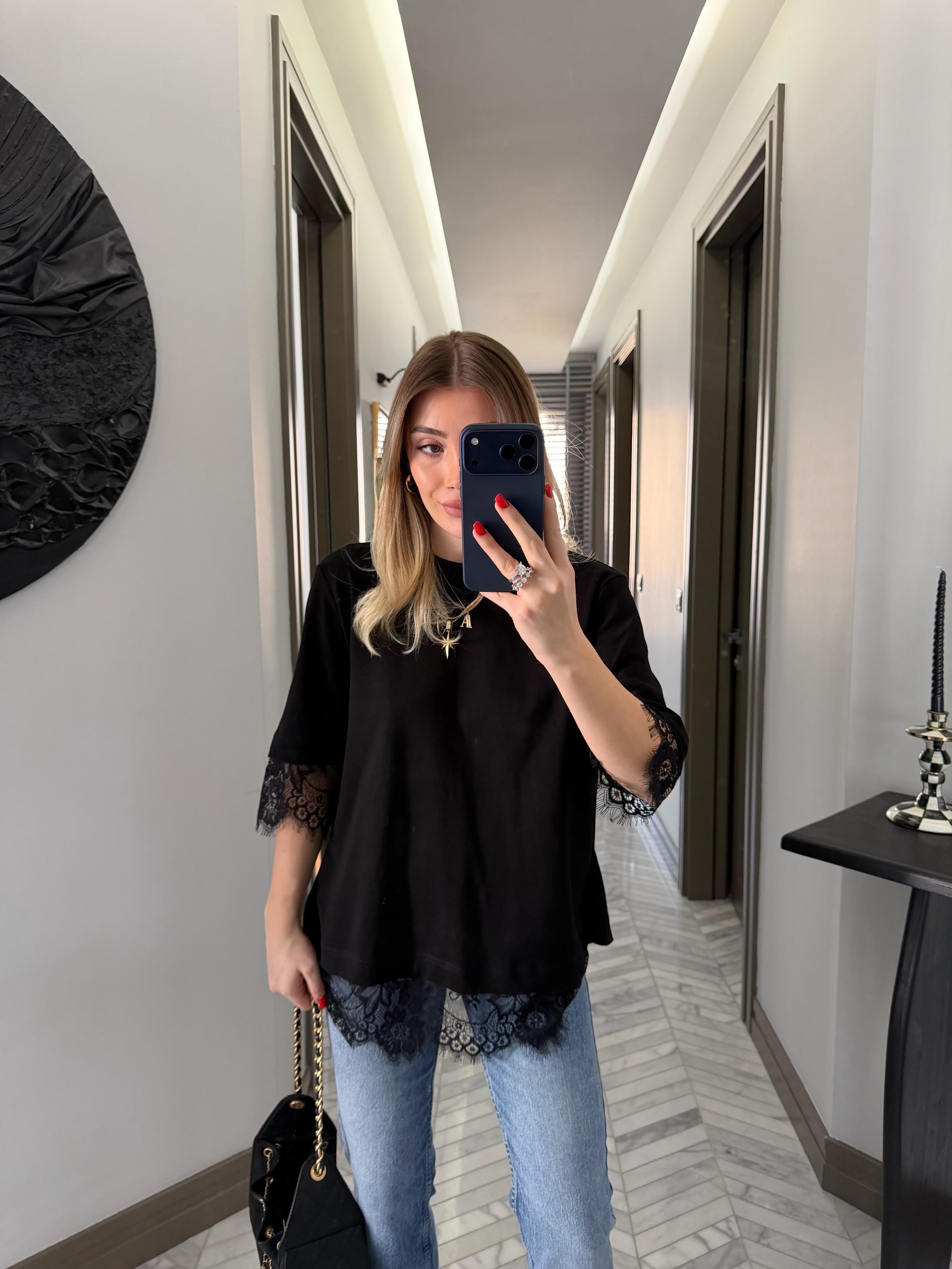 Siyah Dantel Detaylı Tasarım Bluz-4120