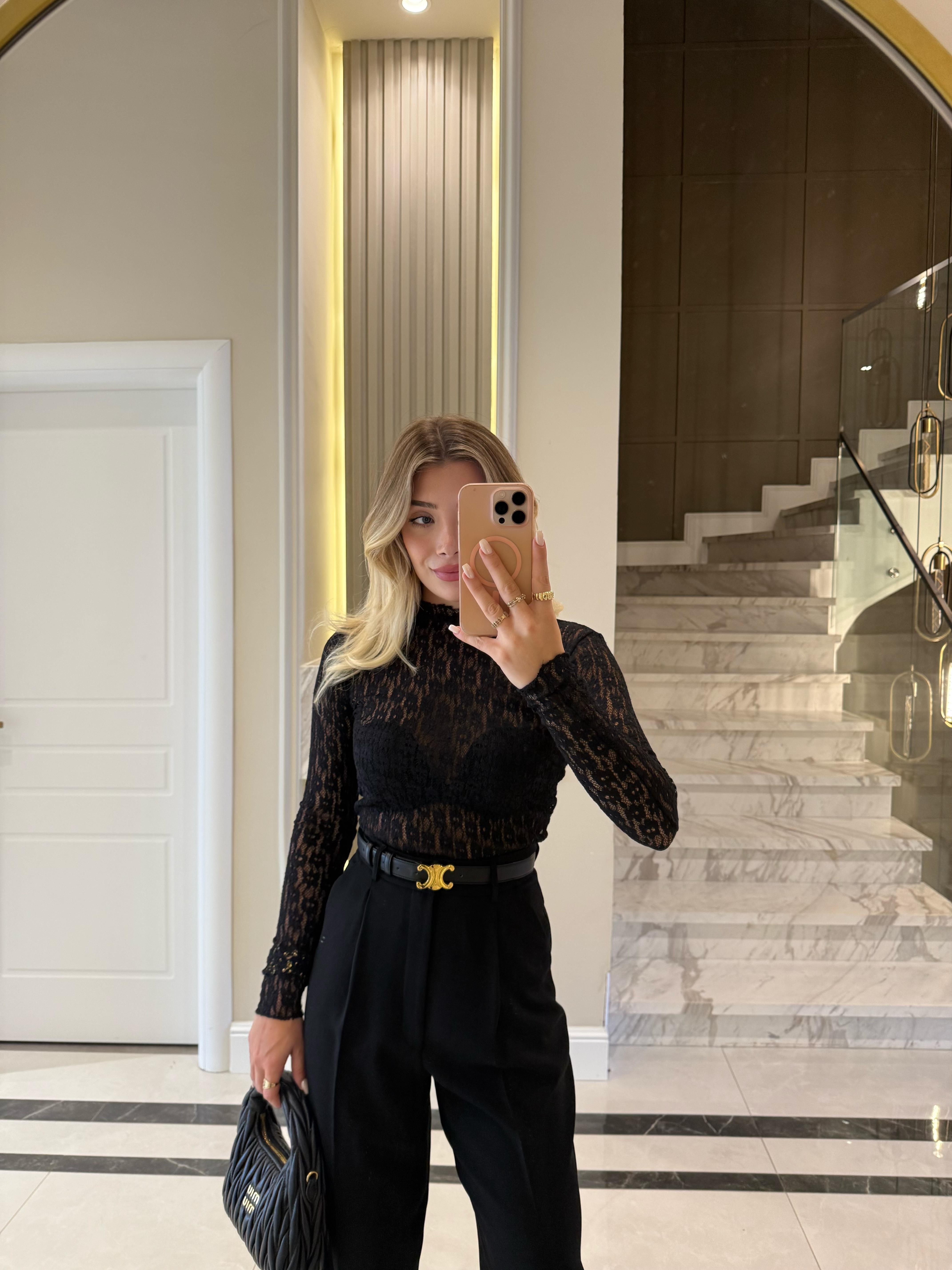 Siyah  Dantel Transparan Bluz-29710