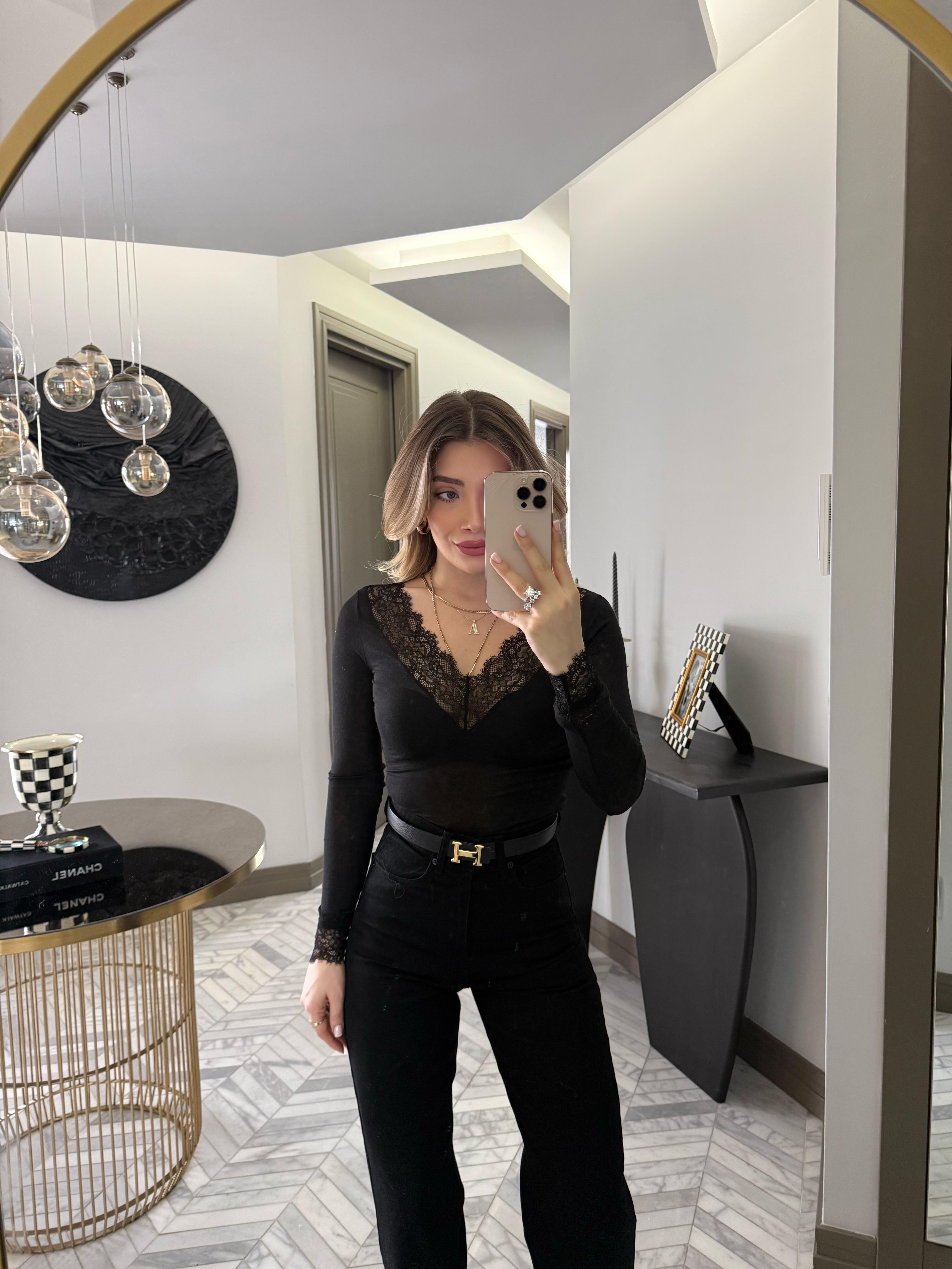 Siyah Dantelli Kaşmir Transparan Bluz-32311