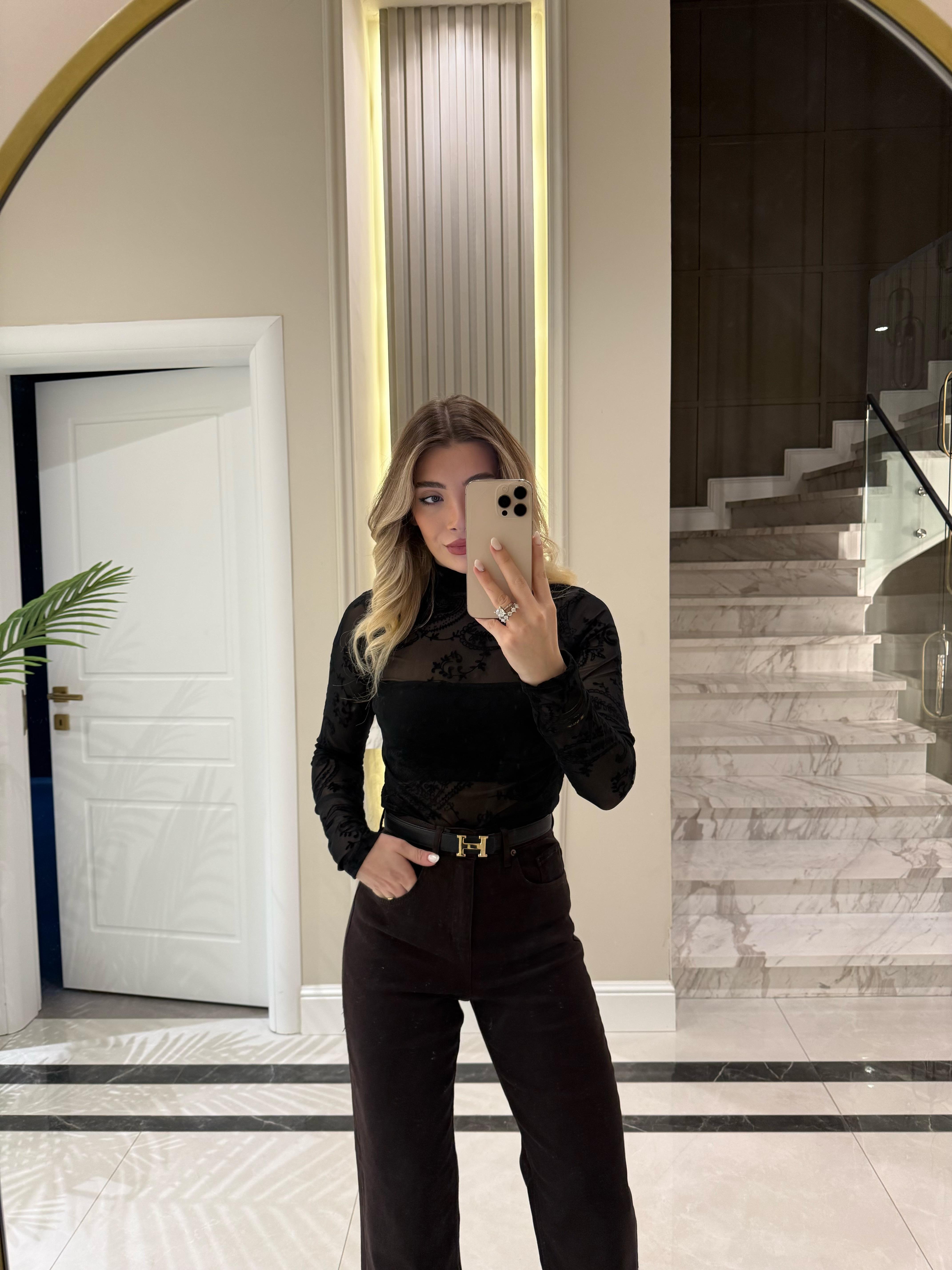 Siyah Desenli Tül Bluz-1082