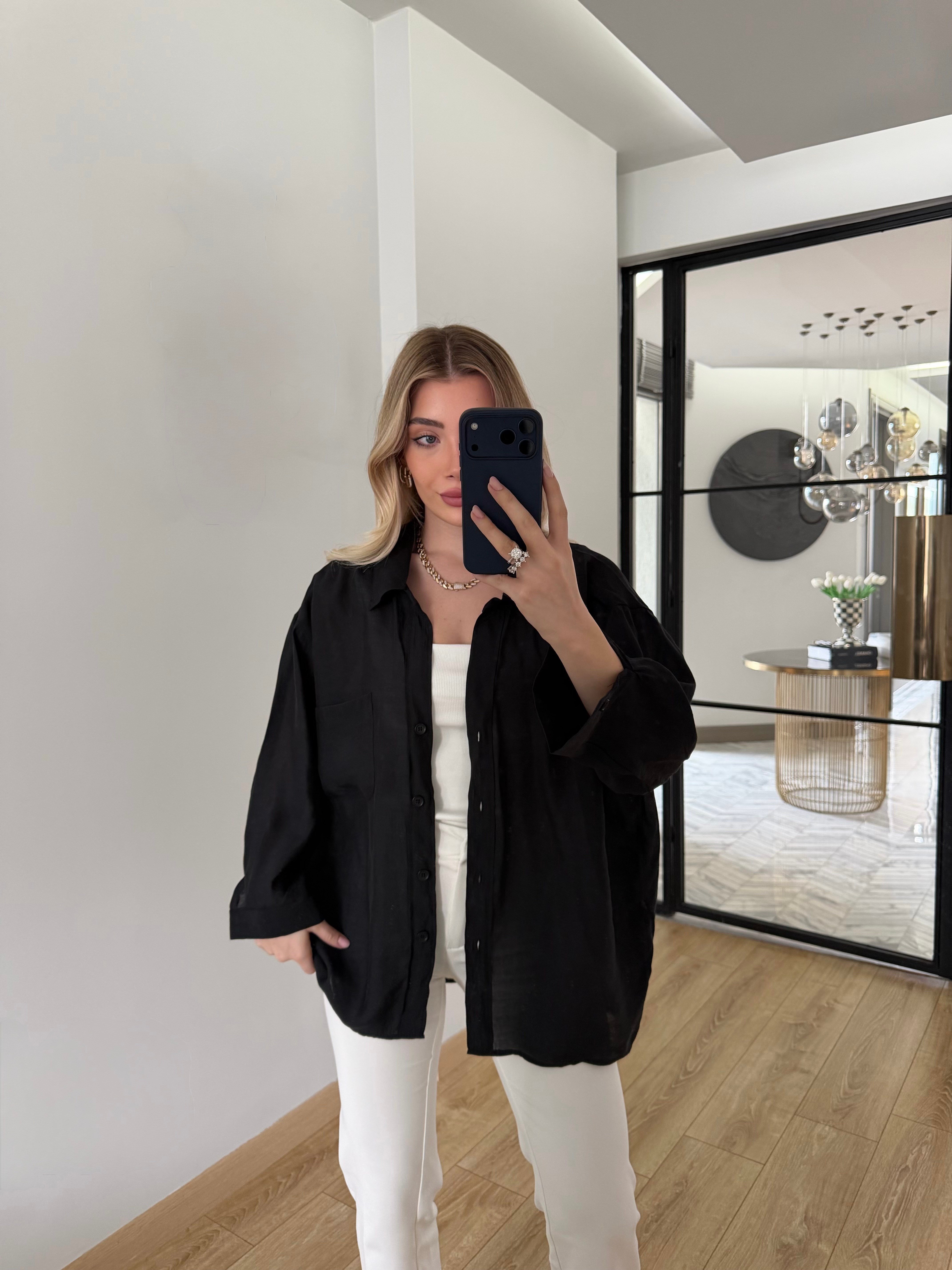 Siyah Düşük Omuzlu Oversize Tensel Gömlek-4612