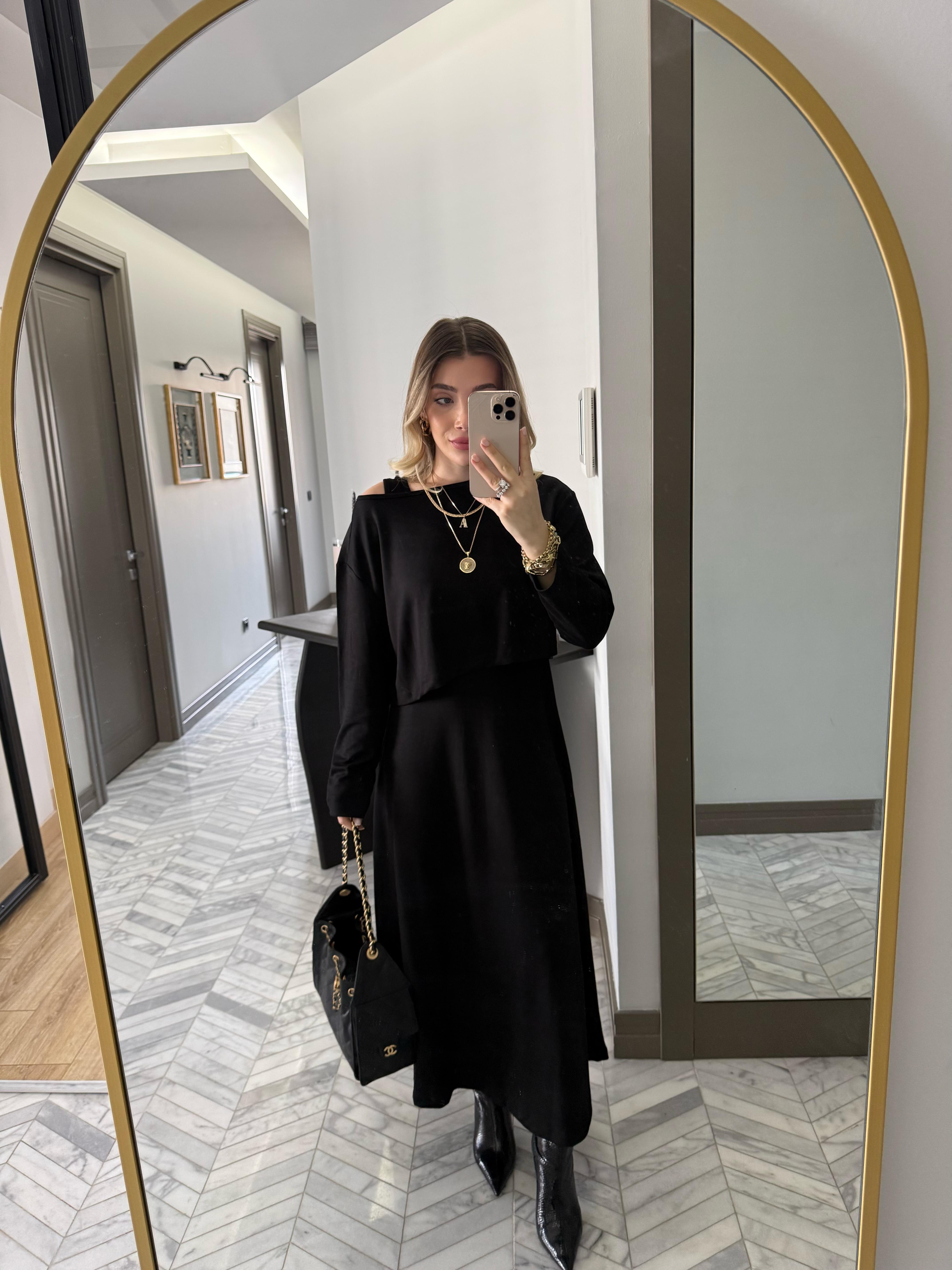 Siyah Elbiseli Modal Kumaş İkili Takım-4064