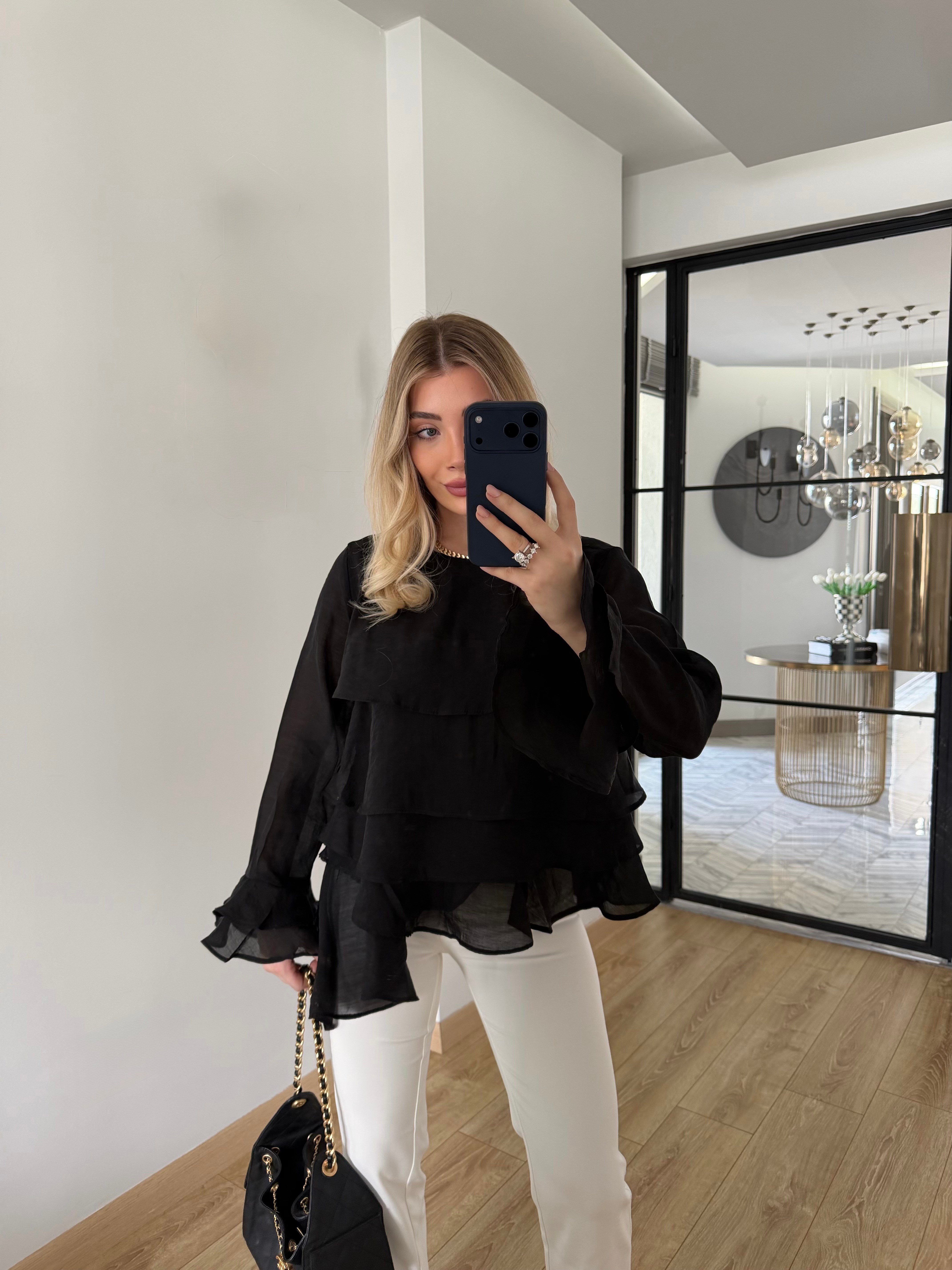 Siyah Fırfırlı Bluz-5049