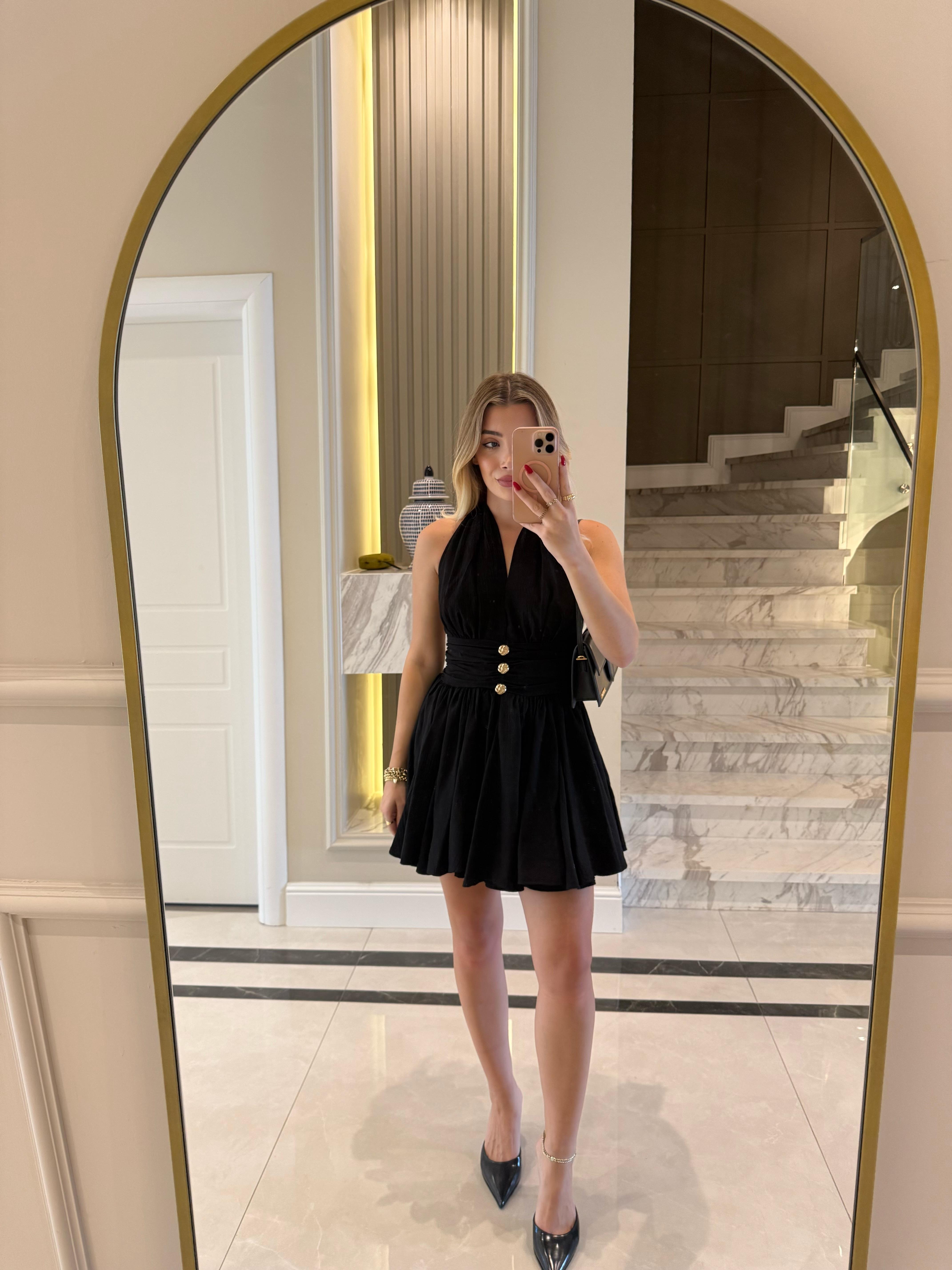 Siyah Gold Düğmeli Ronse Mini Elbise