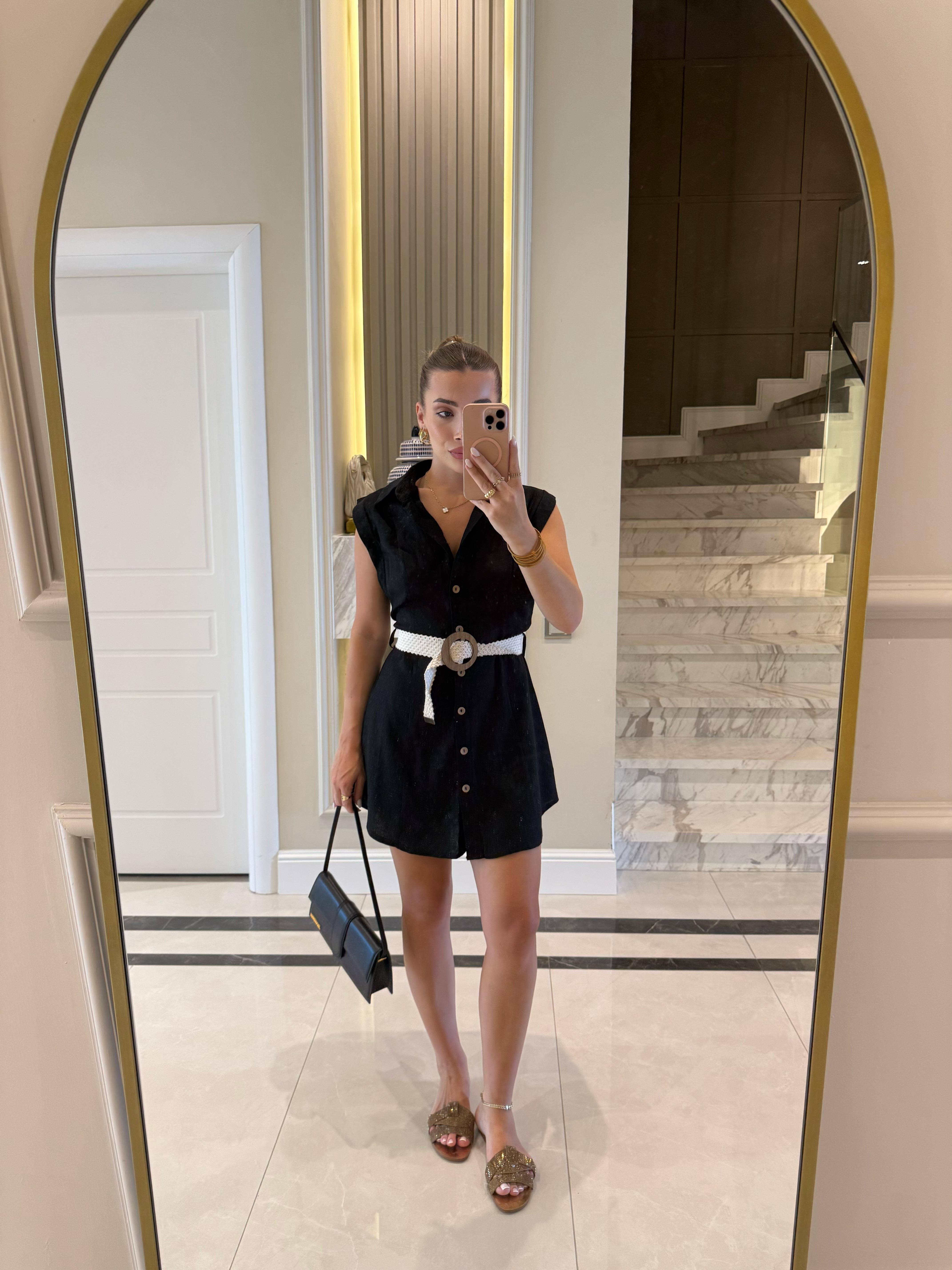 Siyah Ham Keten Kemerli Elbise