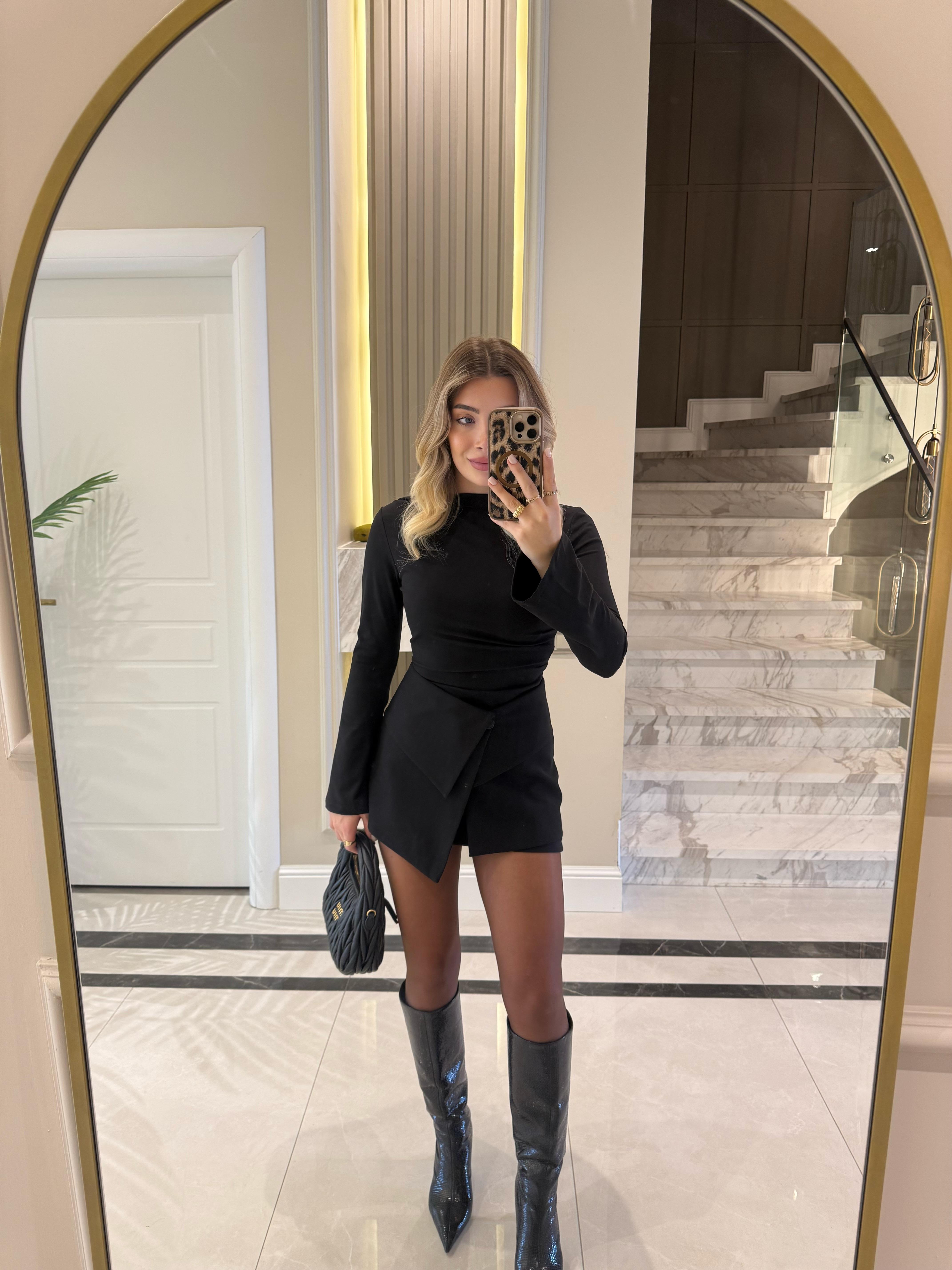 Siyah İki Parçalı Tasarım Elbise-4574