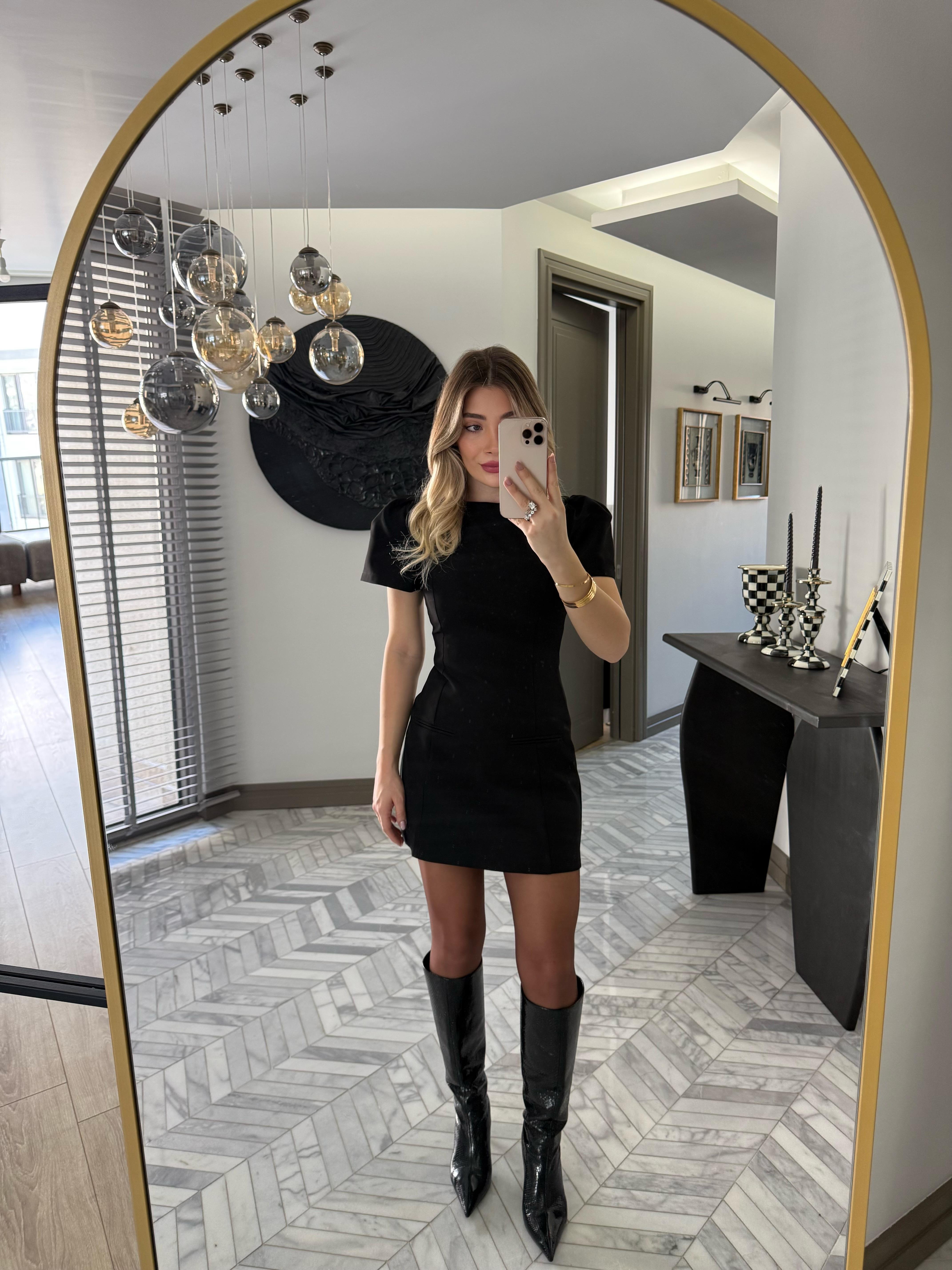 Siyah Karpuz Kol Mini Elbise-0789