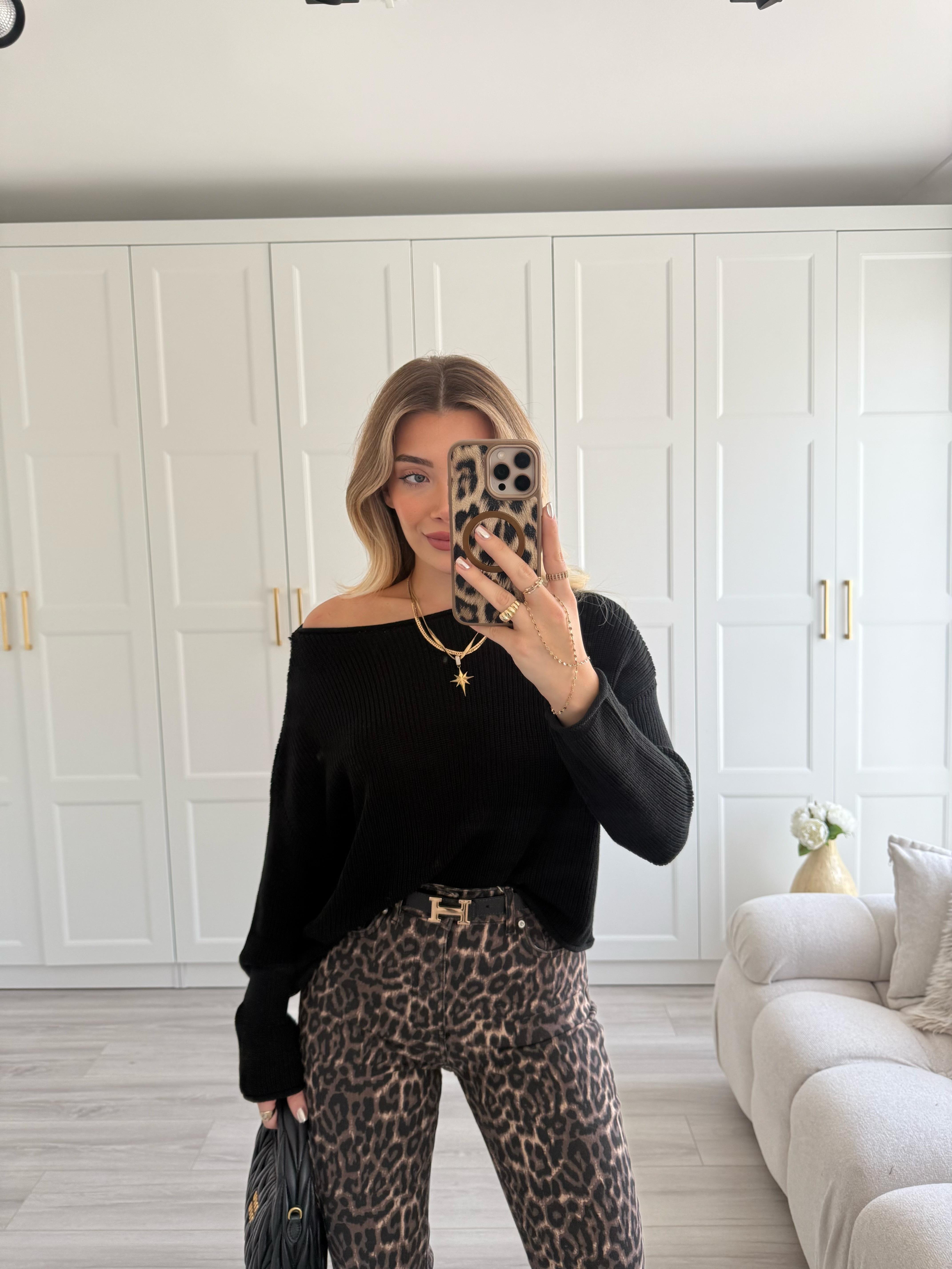 Siyah Kayık Yaka Basic Triko Kazak- 10804