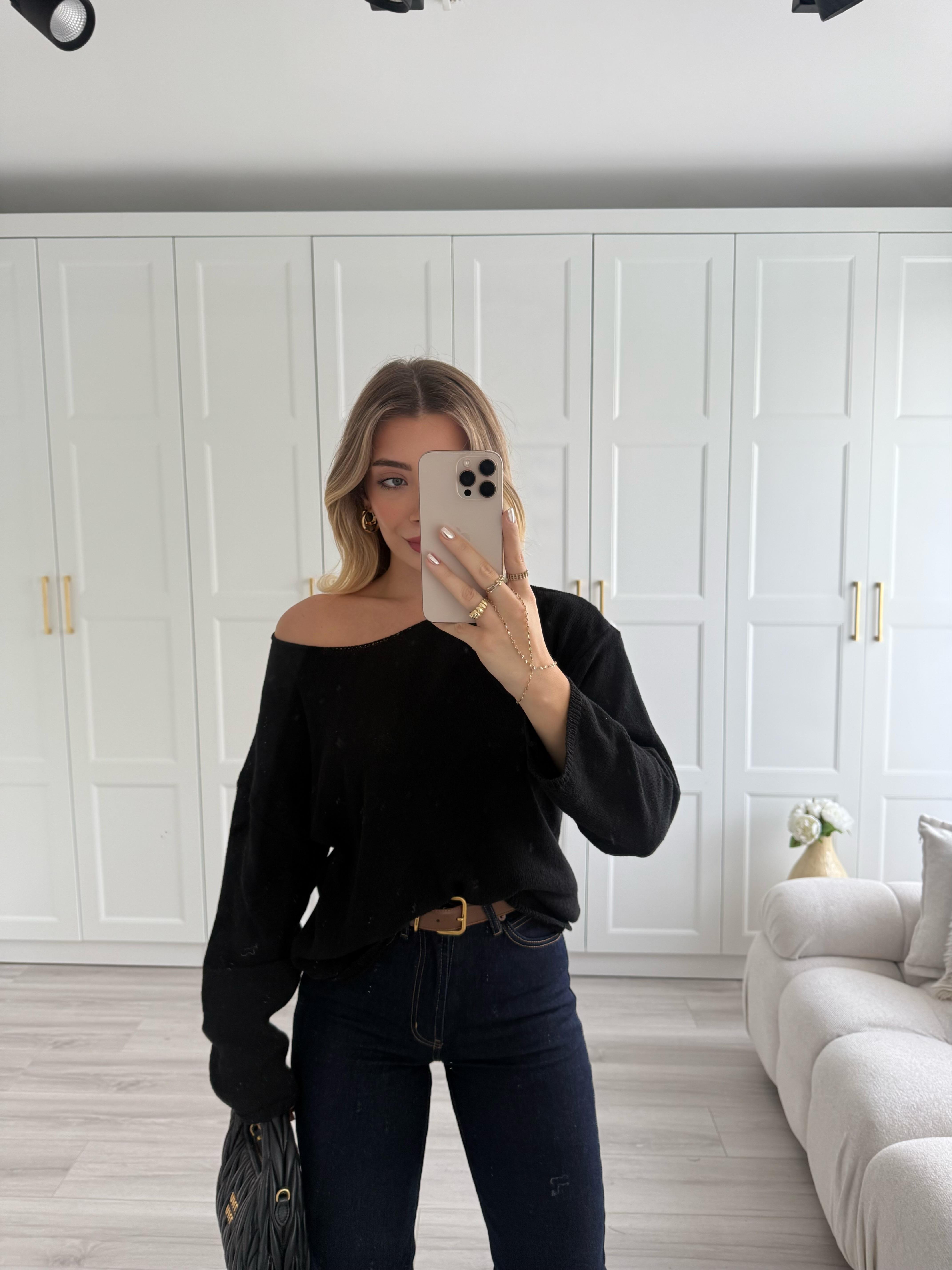 Siyah Kayık Yaka Merserize Triko