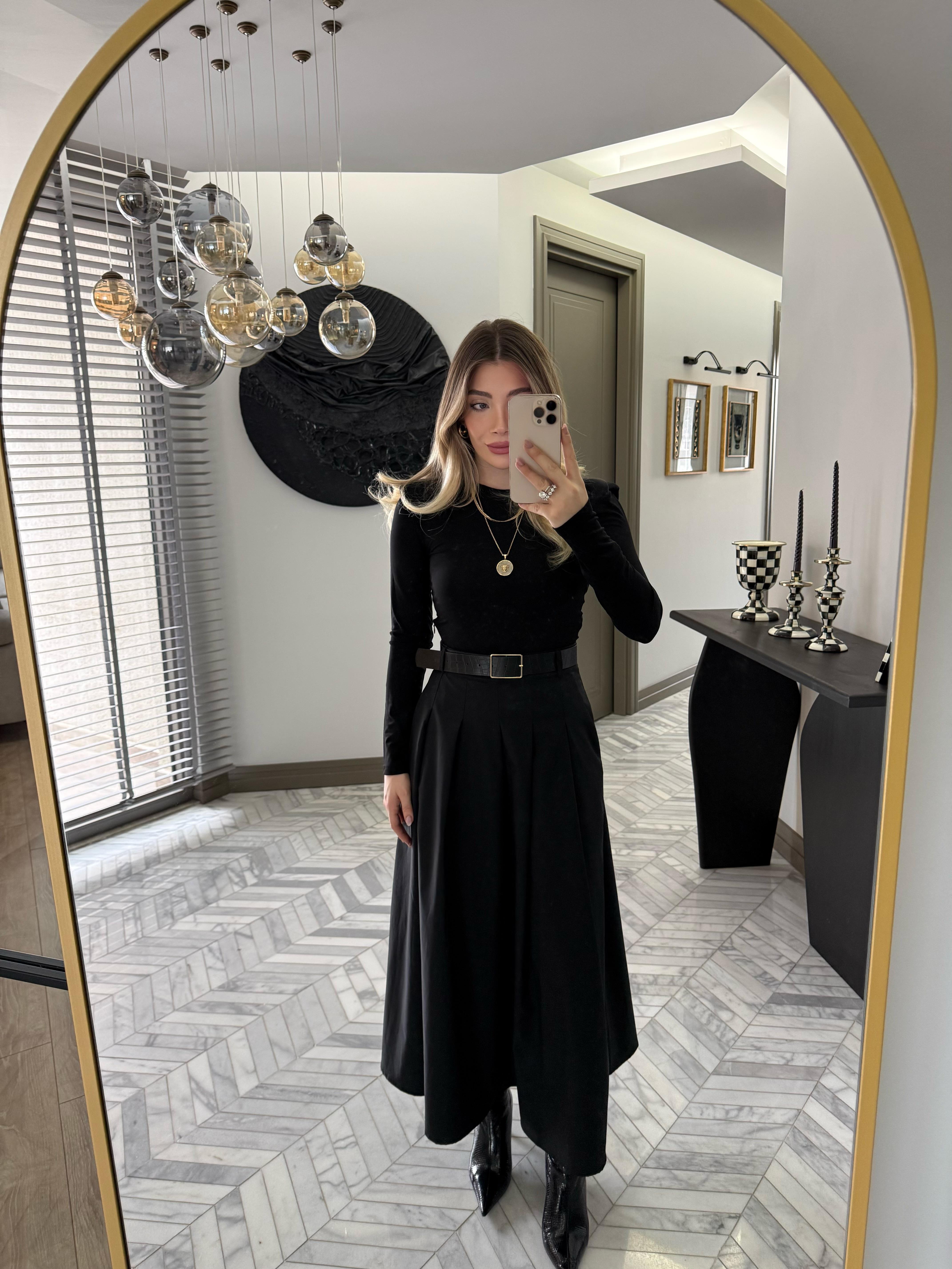 Siyah Kemer Detaylı Elbise-37022