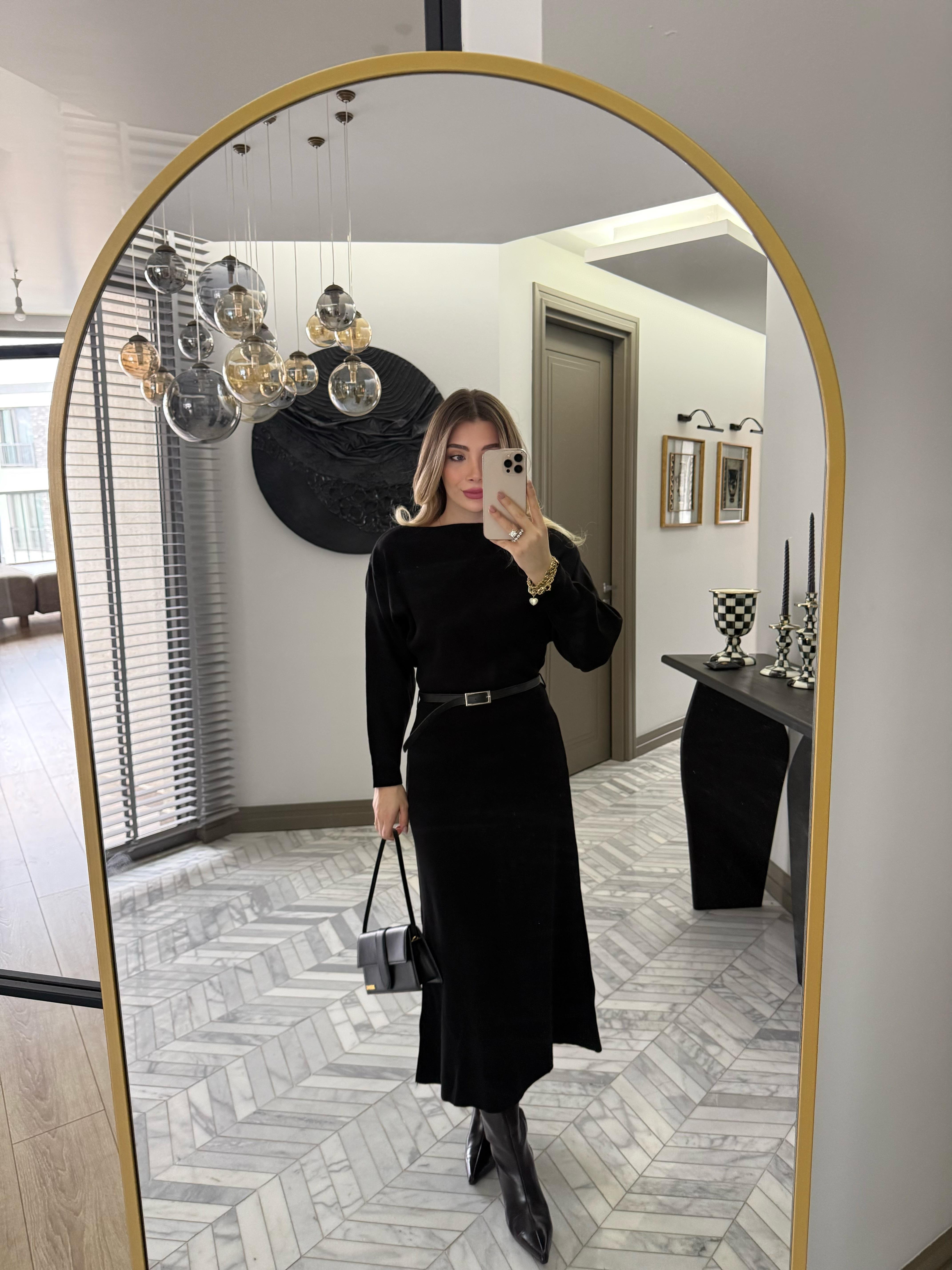 Siyah Kemerli Midi Boy Triko Elbise 1118