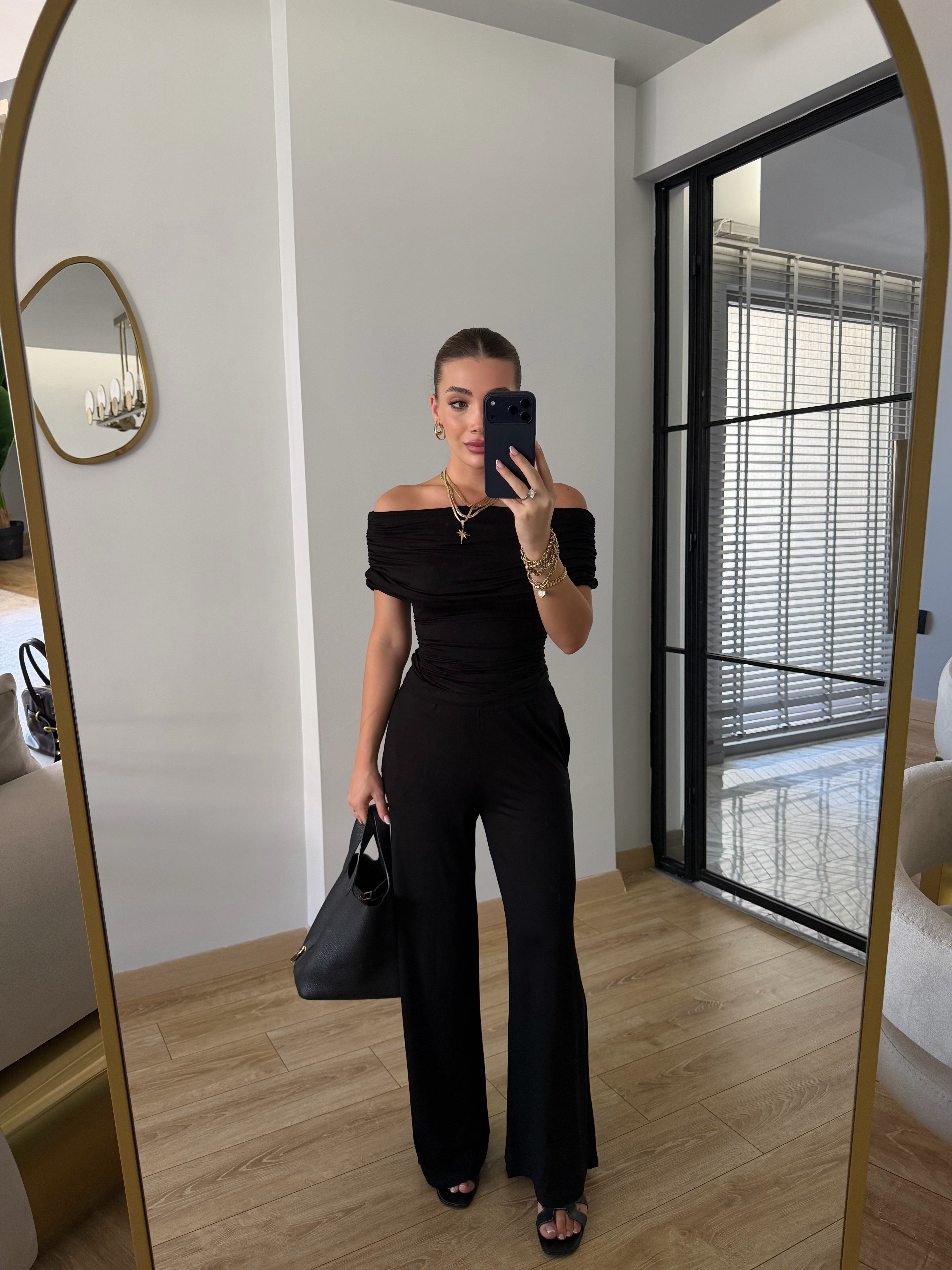 Siyah Madonna Yaka Drapeli Modal Takım - 1020
