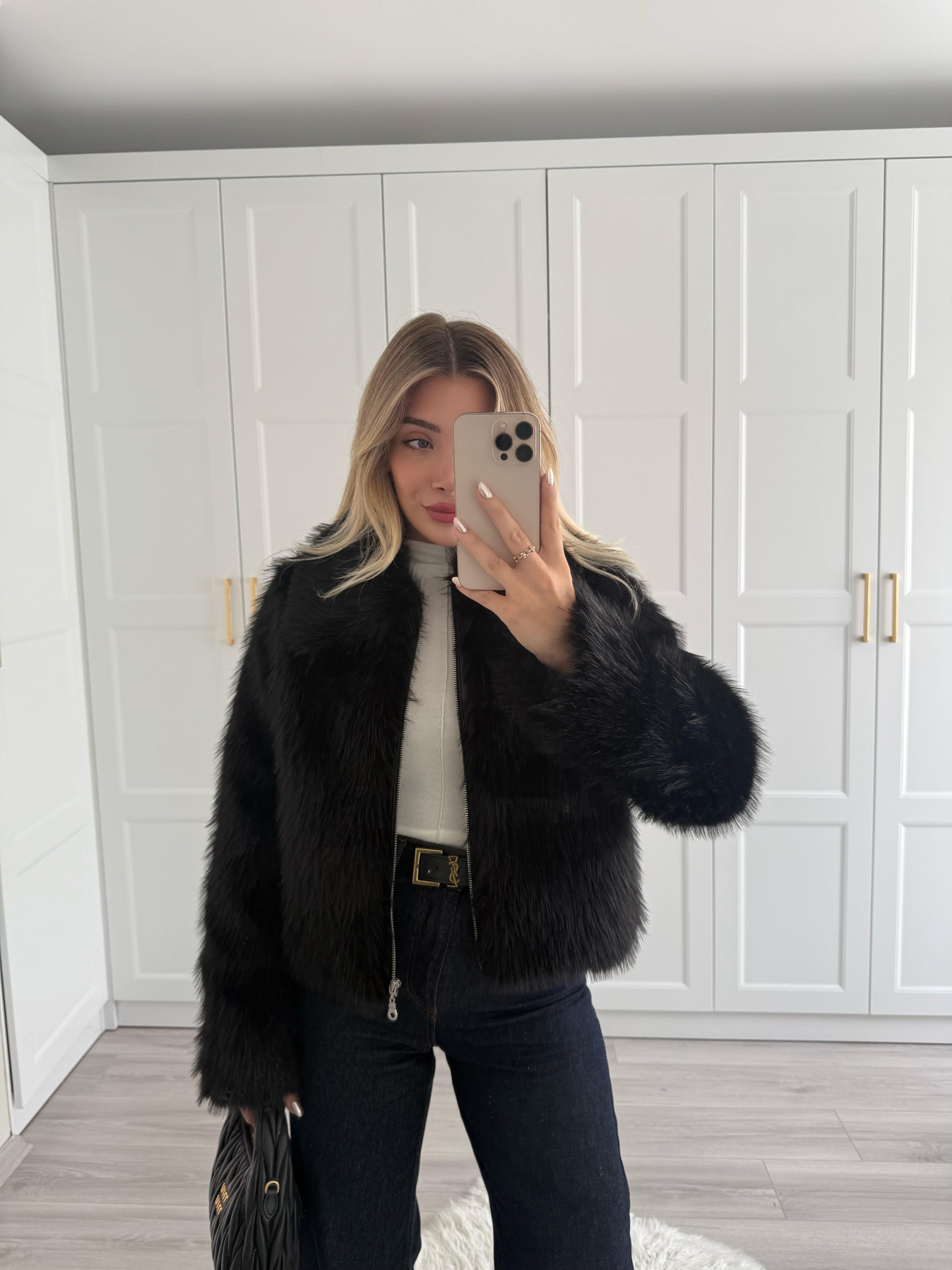 Siyah  Murcia Fermuarlı Kürk Ceket