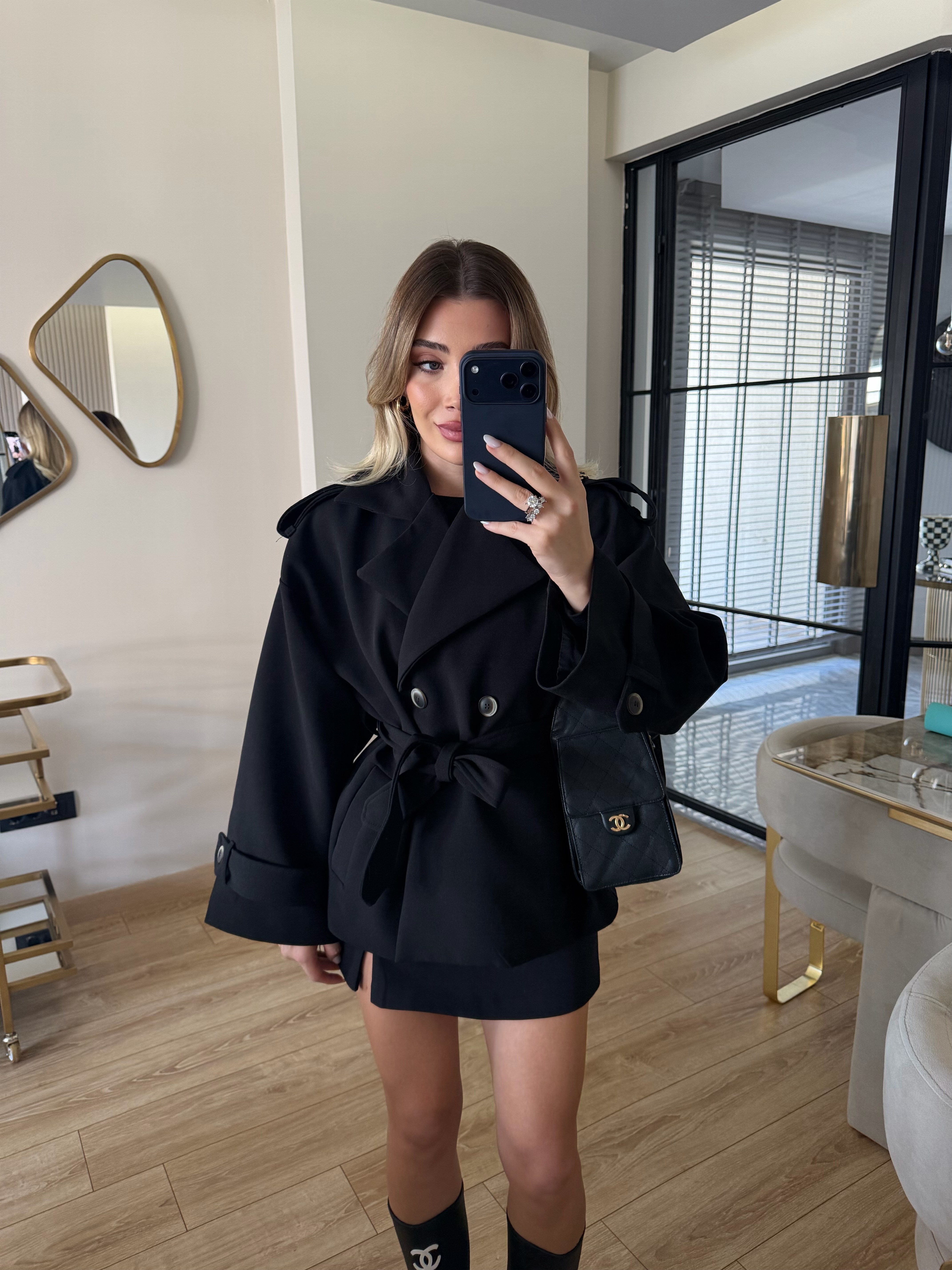 Siyah Oversize Trençkot - 9592