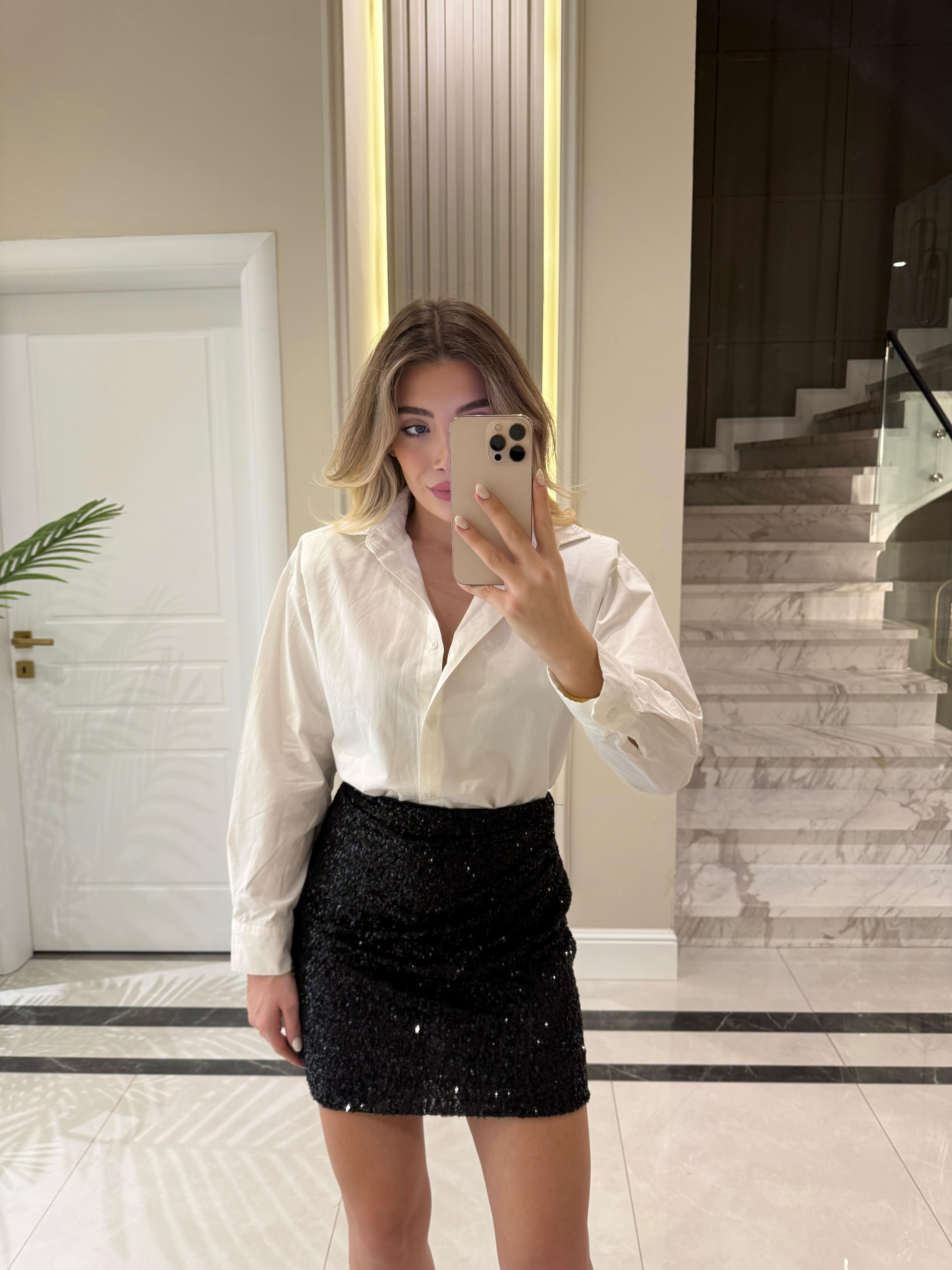 Siyah Payetli Drapeli Etek