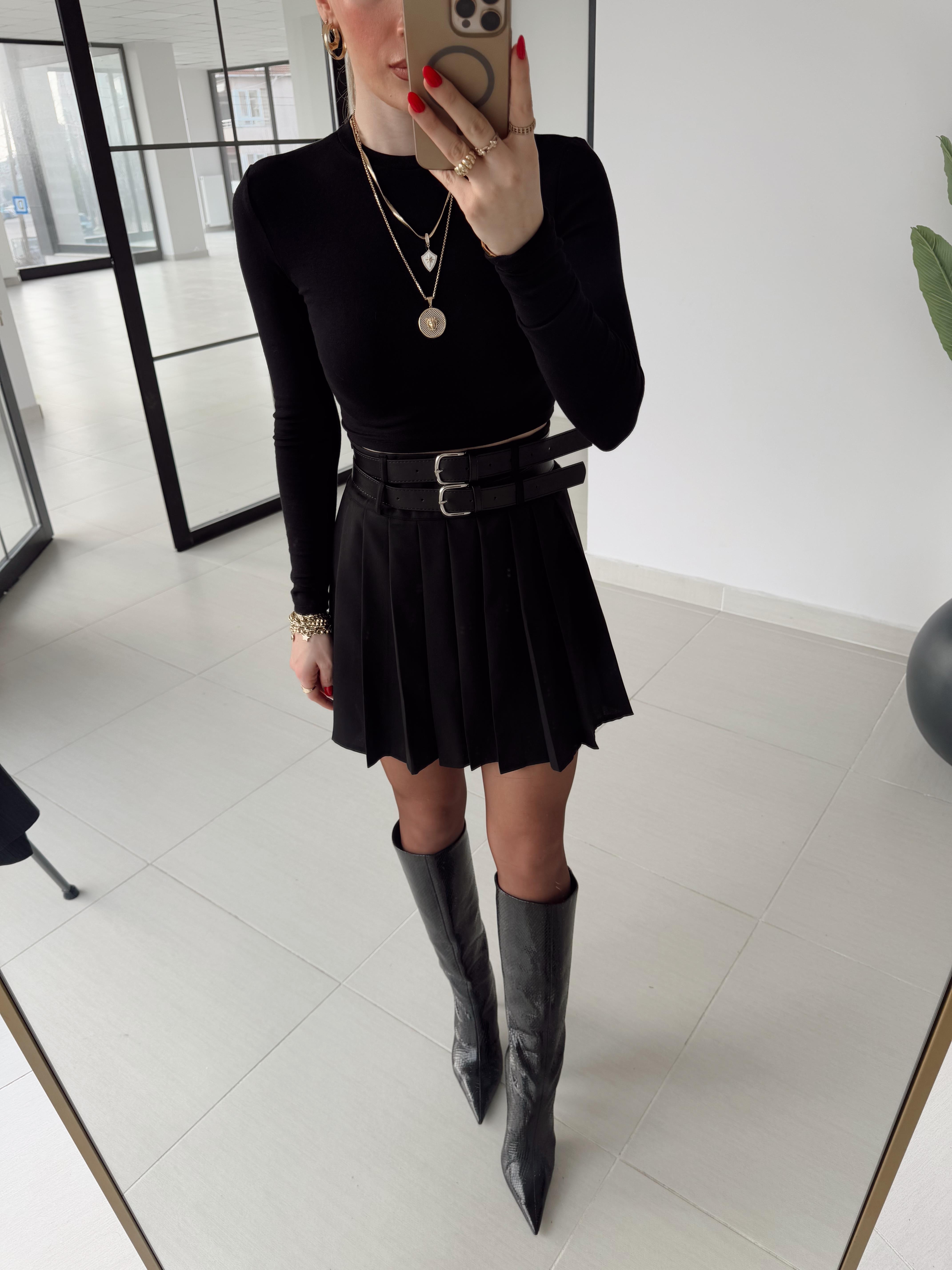 Siyah  Pilili Çift Kemerli Etek